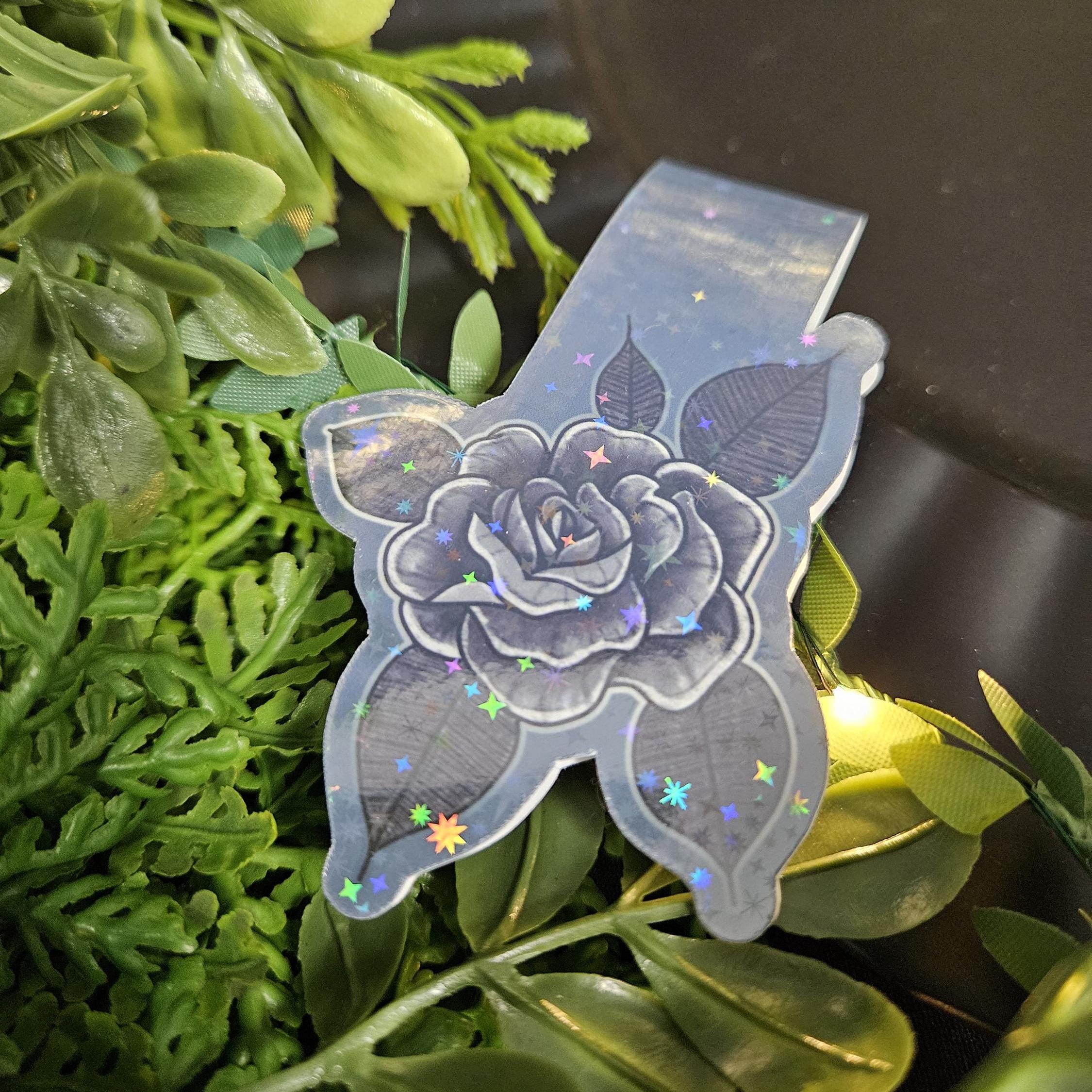 HANDMADE MAGNETIC BOOKMARK: Black and Gray Rose with Sparkle Holographic