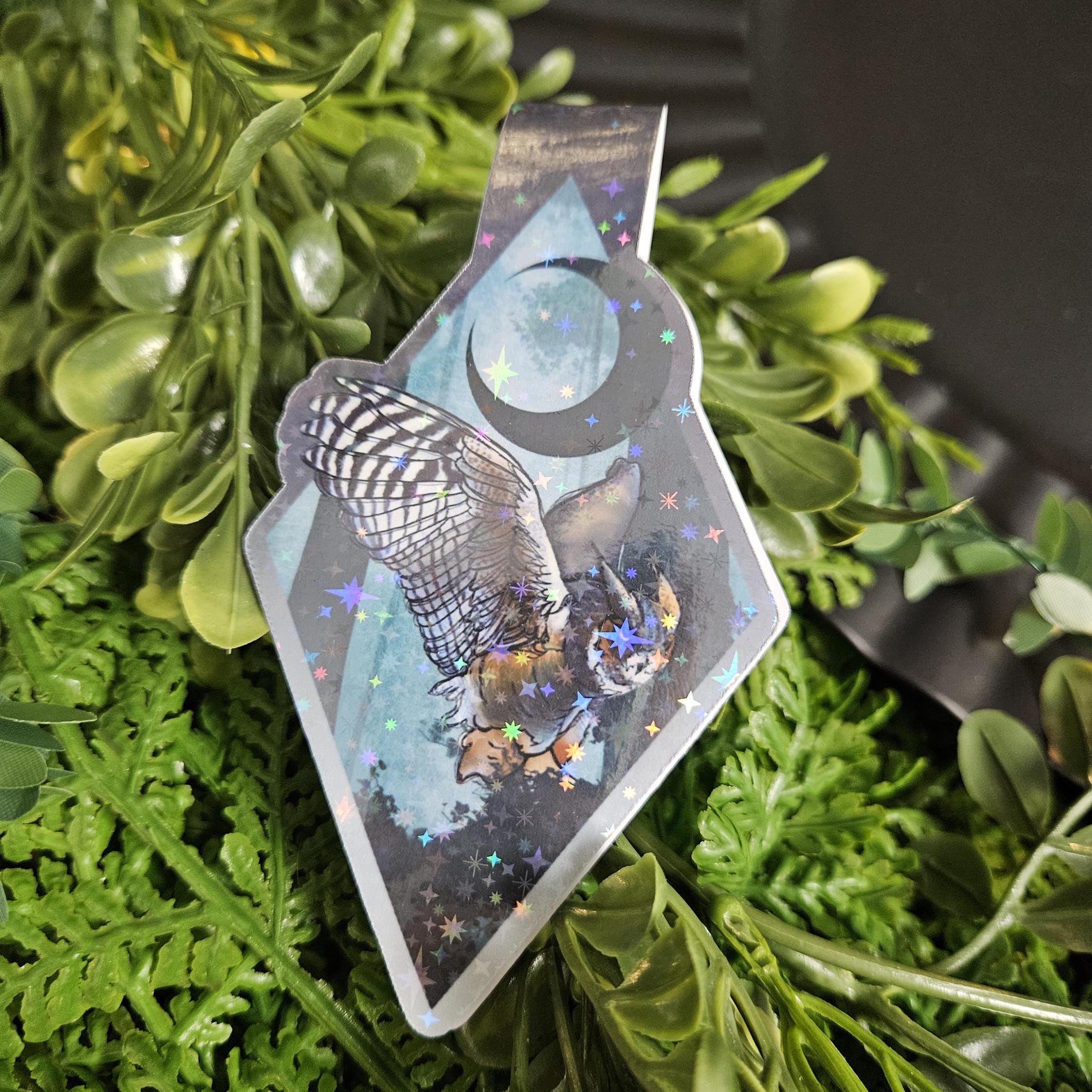 HANDMADE MAGNETIC BOOKMARK: Great Horned Owl and Holographic Sparkle