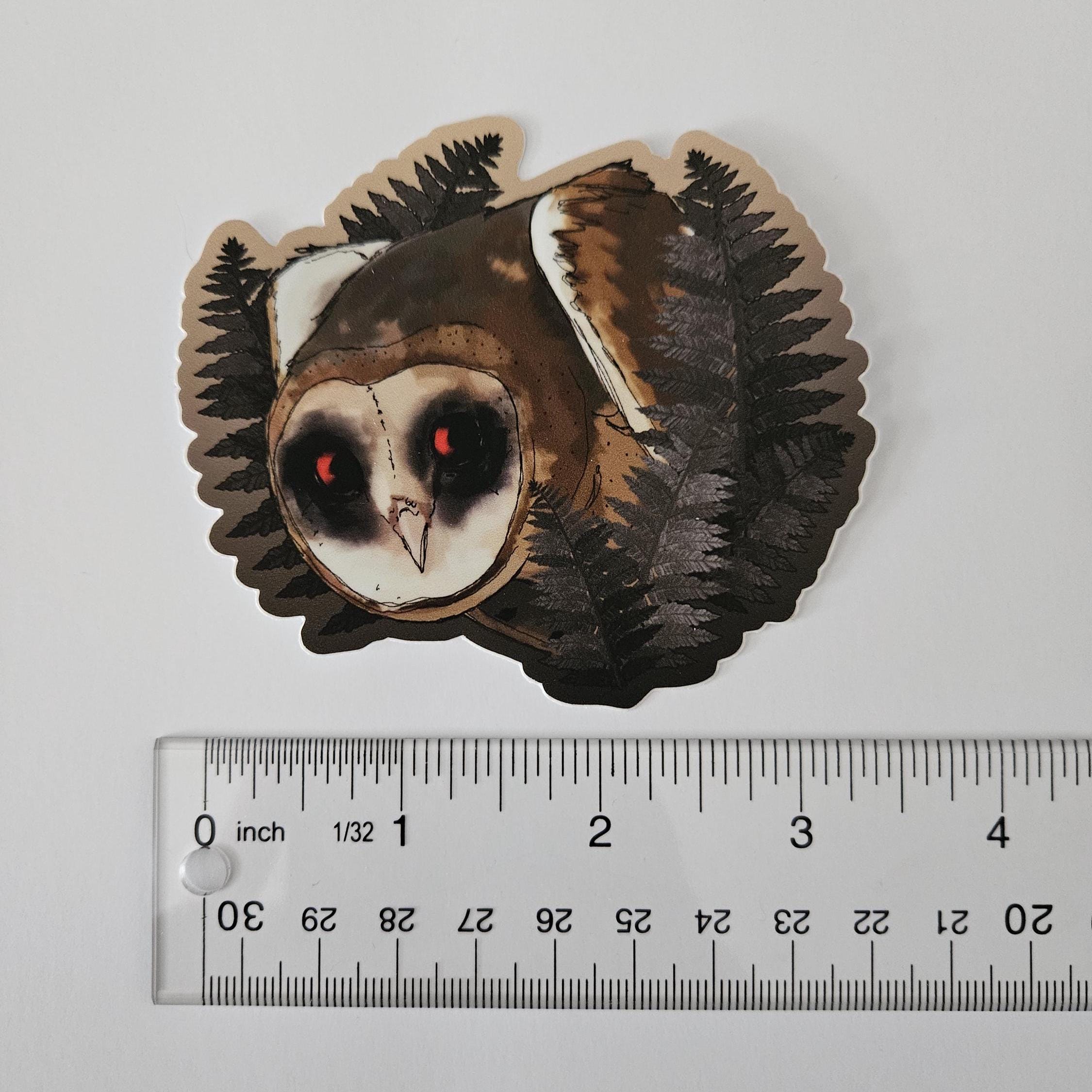 MATTE STICKER: Persistent Horror Barn Owl and Ferns Decorative Sticker Acornandcrowstudio