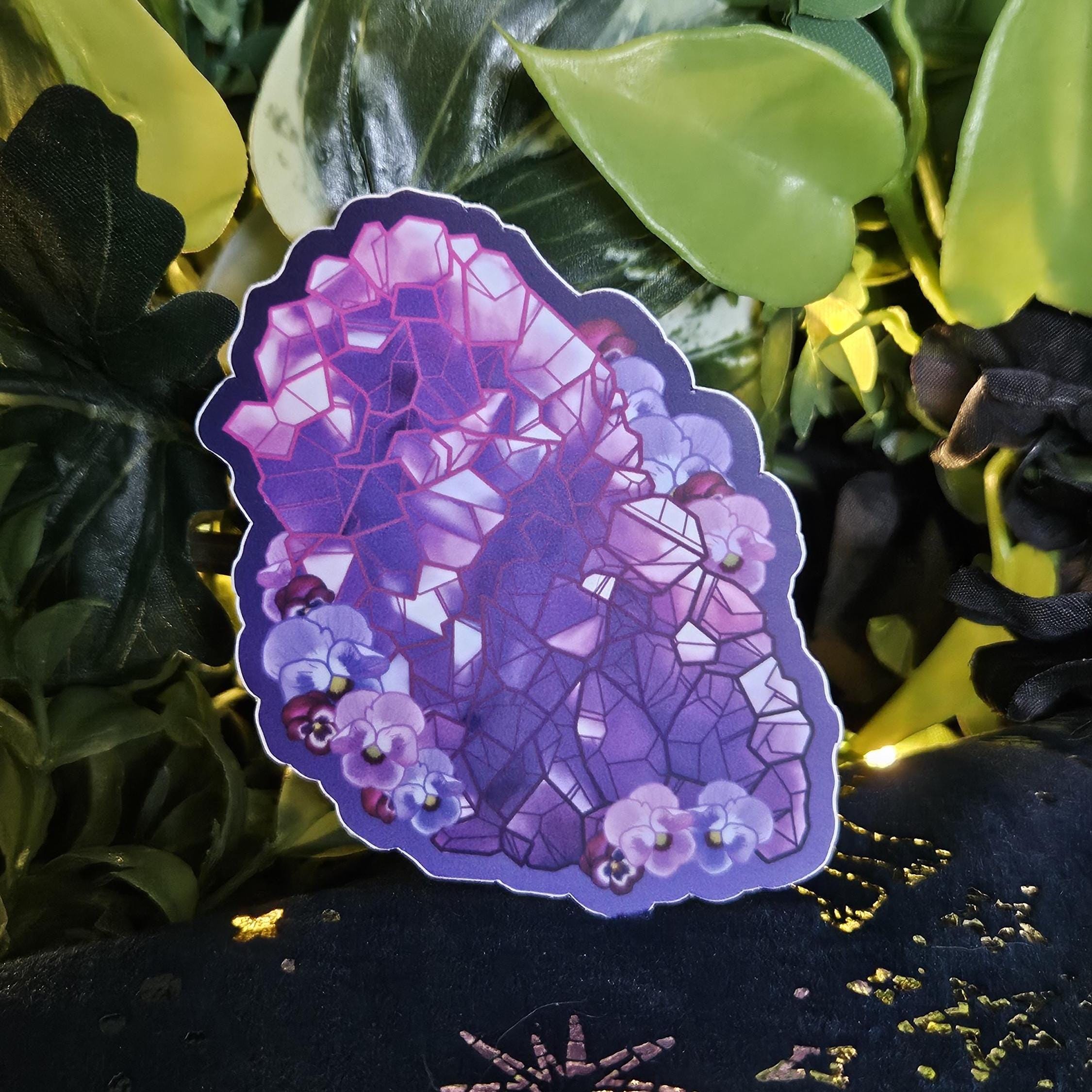 MATTE STICKER: February Amethyst and Purple Pansy Birthstone Crystal , Amethyst Crystal Sticker , Crystal Sticker , Crystal Decorative Sticker Acornandcrowstudio