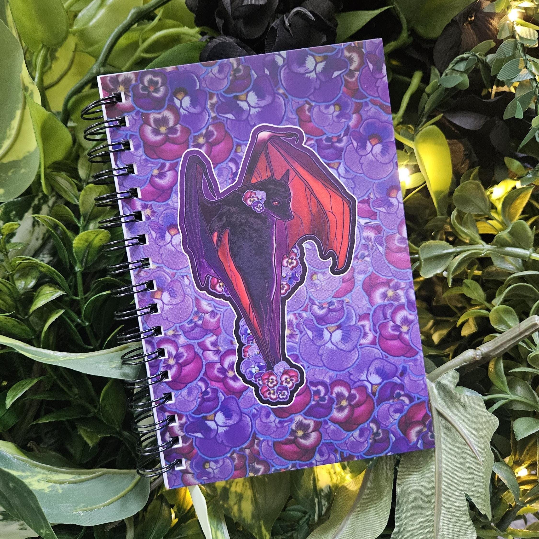 4x6 HANDMADE SPIRAL NOTEBOOK: Pansy Bat with Peony Flowers