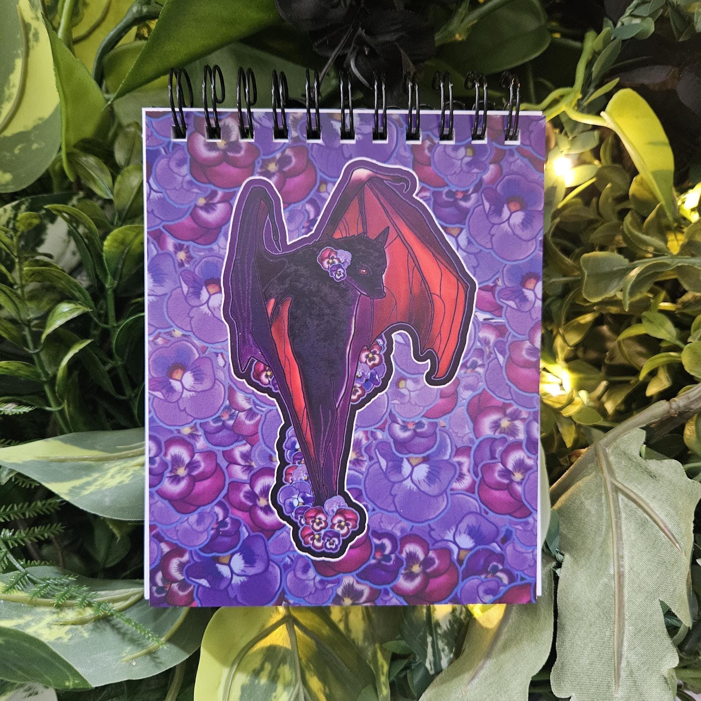 4x5 inches HANDMADE Top Bound SPIRAL NOTEBOOK: Pansy Bat with Peony Flowers
