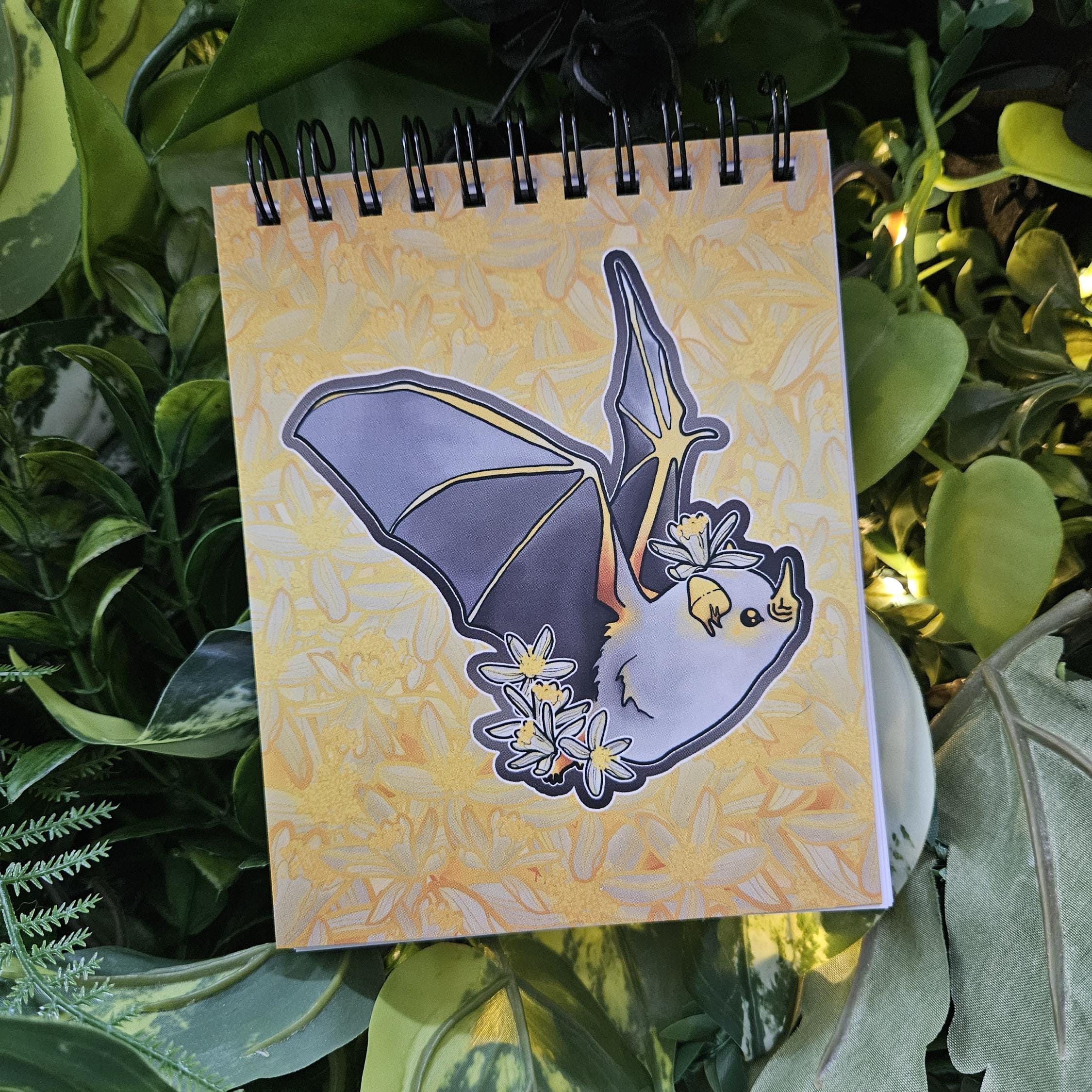 4x5 inches HANDMADE Top Bound SPIRAL NOTEBOOK: Honduran Bat with Lemon Flowers Acornandcrowstudio