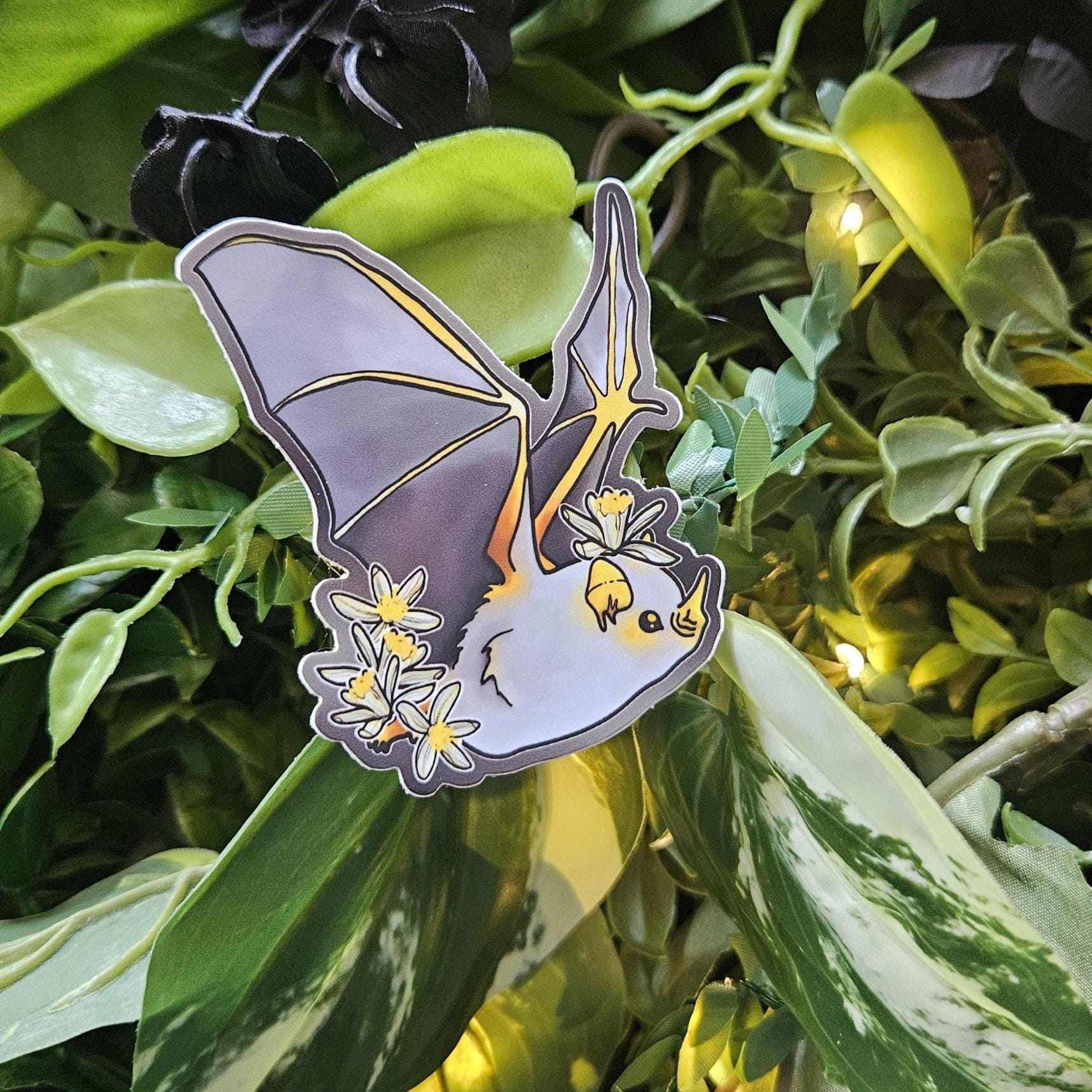MATTE STICKER: Honduran Ghost Bat with Lemon Flowers Decorative Sticker Acornandcrowstudio