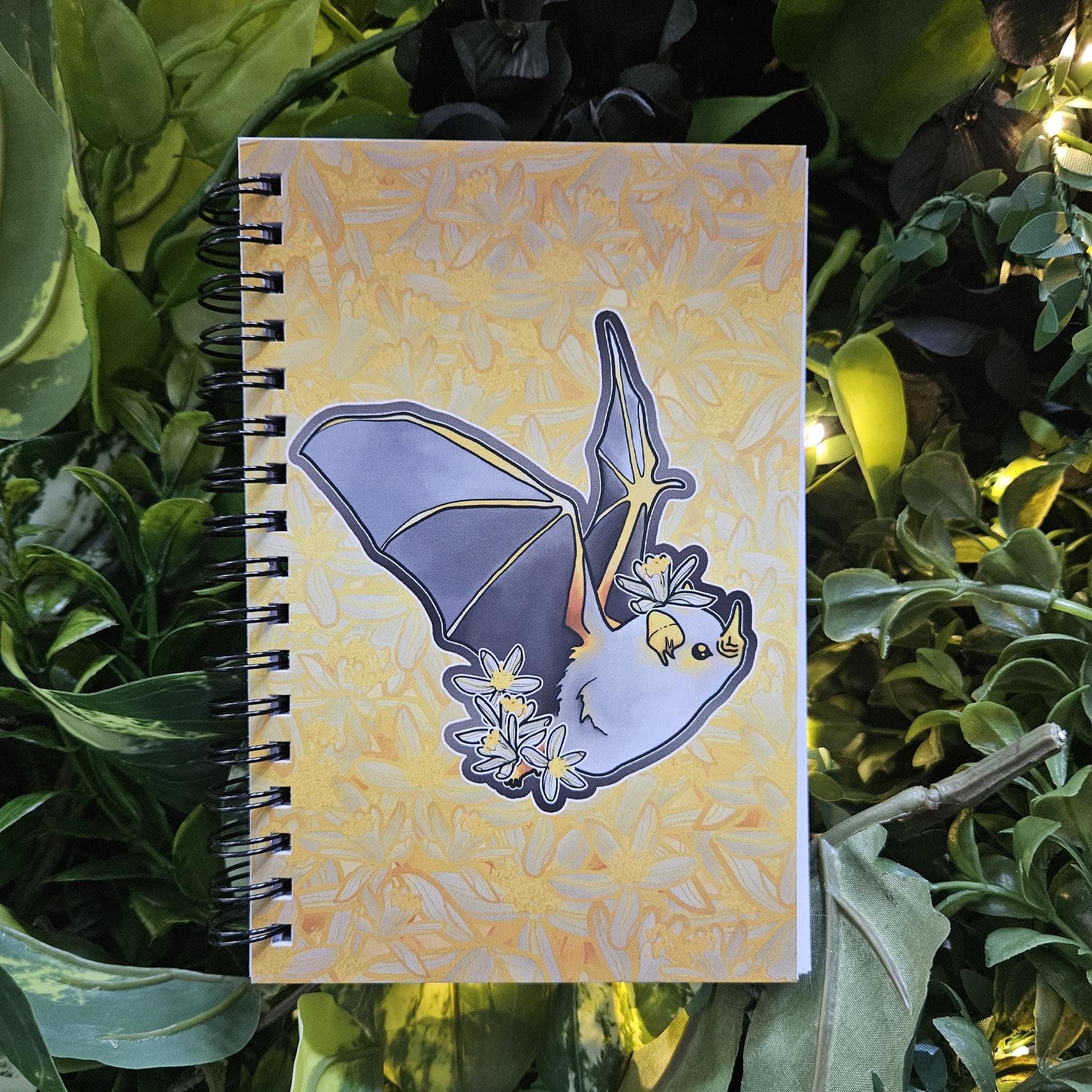 4x6 HANDMADE SPIRAL NOTEBOOK: Honduran Bat with Lemon Flowers Acornandcrowstudio