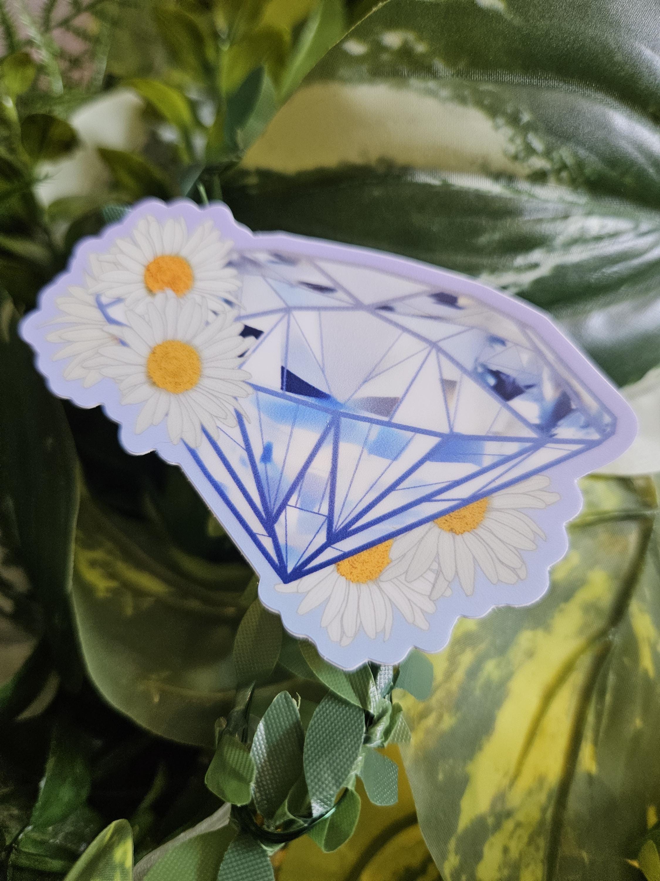 MATTE STICKER: April Birthstone Diamond Crystal with Daisies Acornandcrowstudio
