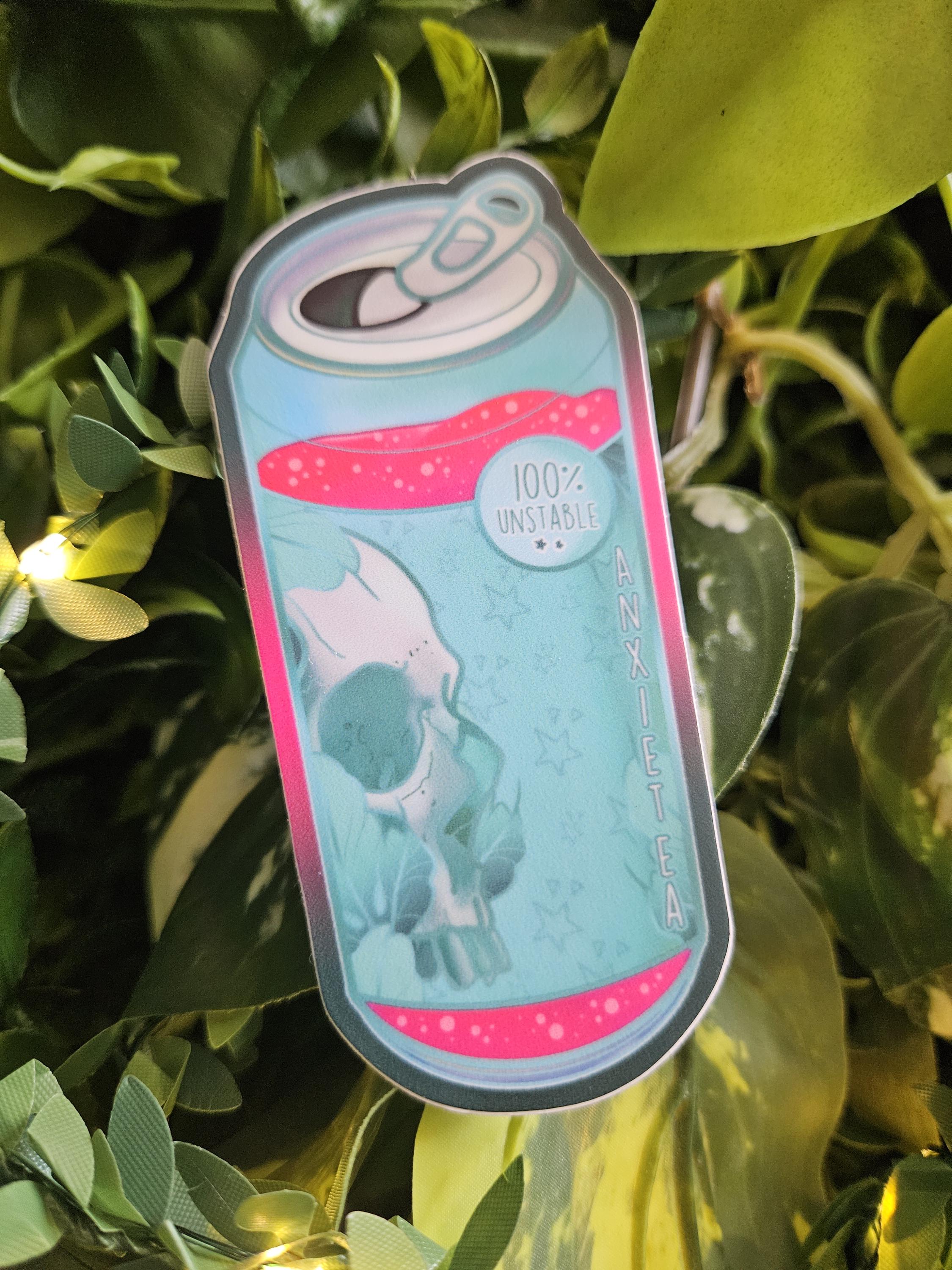 MATTE STICKER: Anxietea Teal and Pink 'Tea' Can