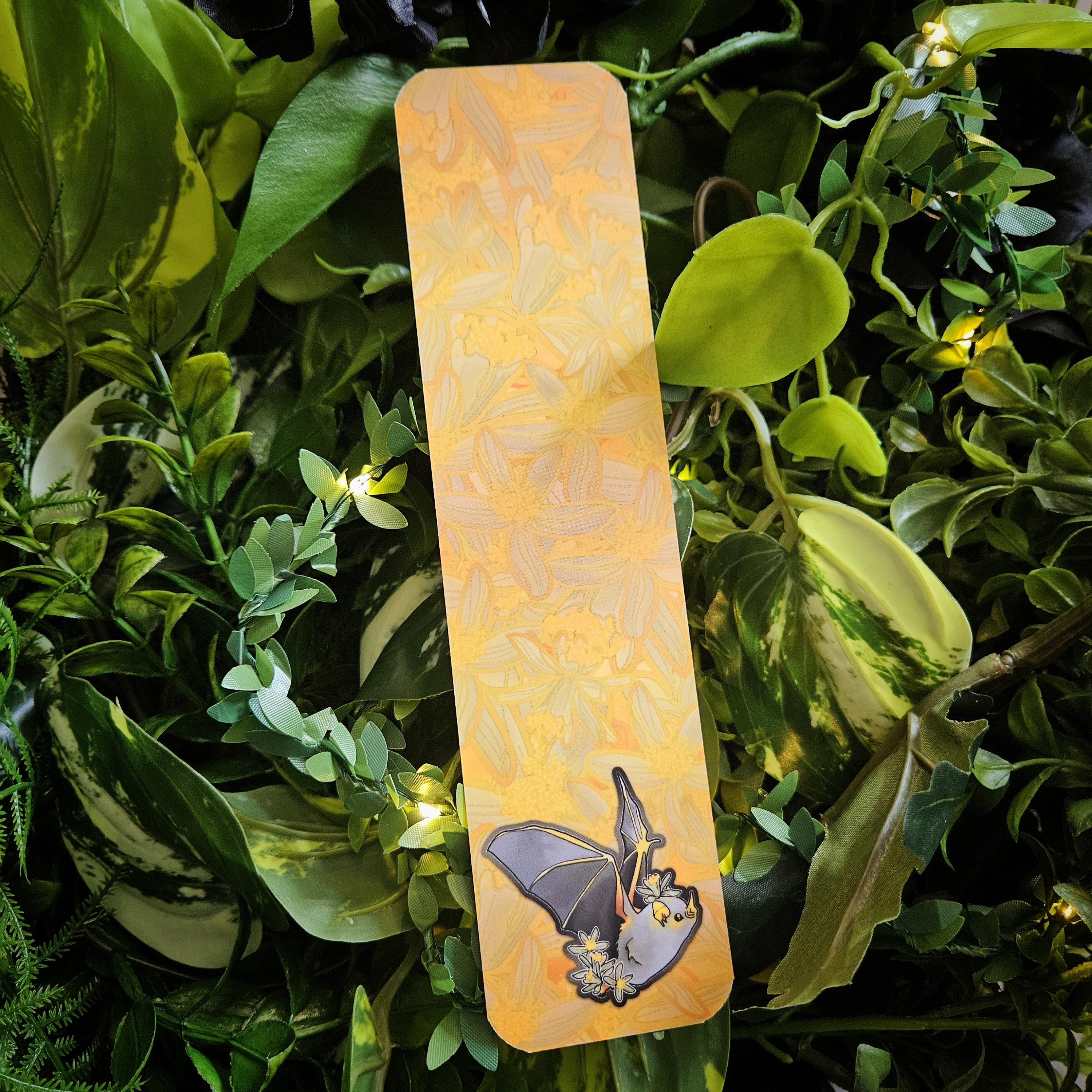 BOOKMARK: Honduran Ghost Bat with Lemon Flowers Acornandcrowstudio