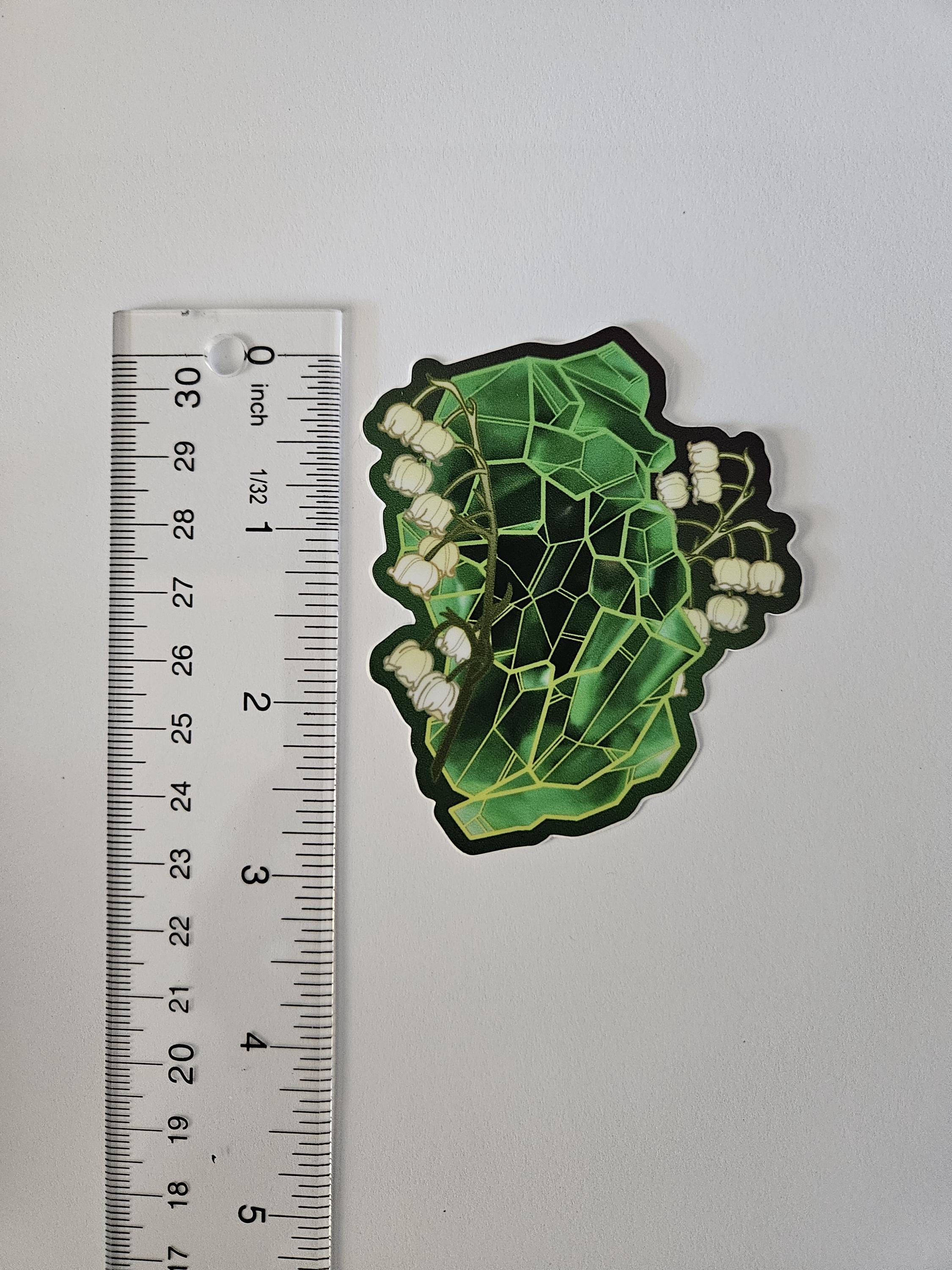 MATTE STICKER: May Emerald Crystal with Lily of the Valley , Green Emerald Crystal Sticker , Green Crystal Sticker , Green Crystal Acornandcrowstudio