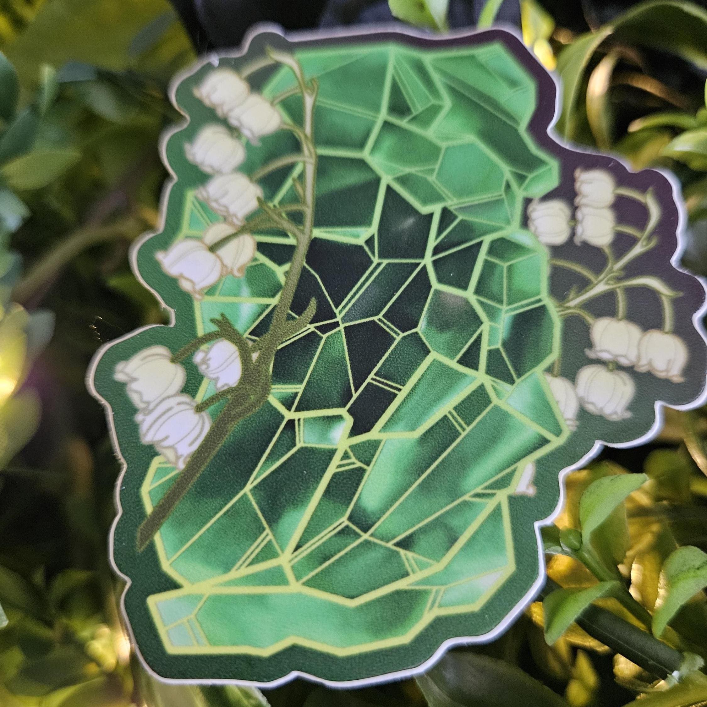 MATTE STICKER: May Emerald Crystal with Lily of the Valley , Green Emerald Crystal Sticker , Green Crystal Sticker , Green Crystal Acornandcrowstudio