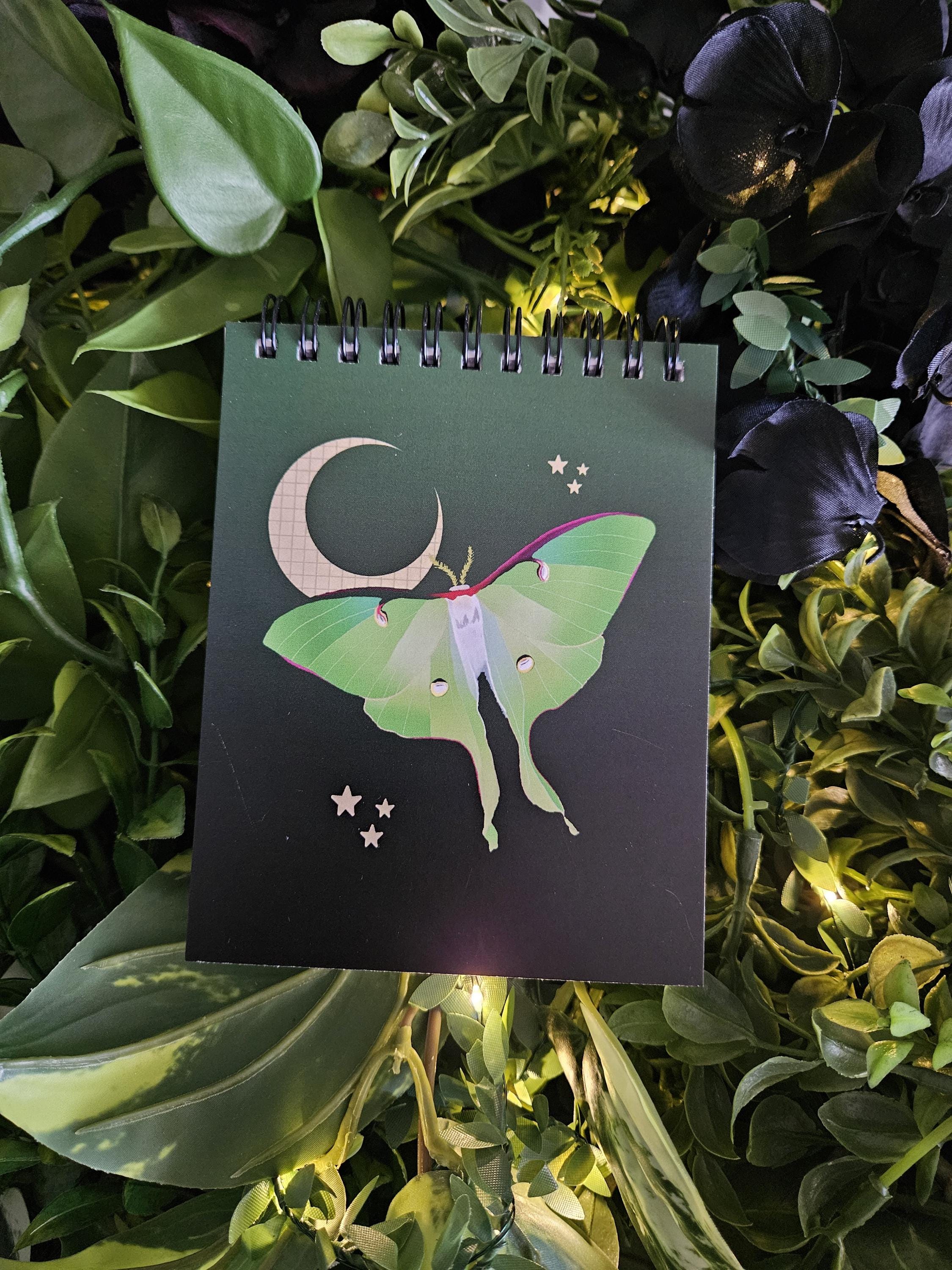 4x5 TOP BOUND Handmade Spiral NOTEBOOK: Luna Moth and Moon Acornandcrowstudio