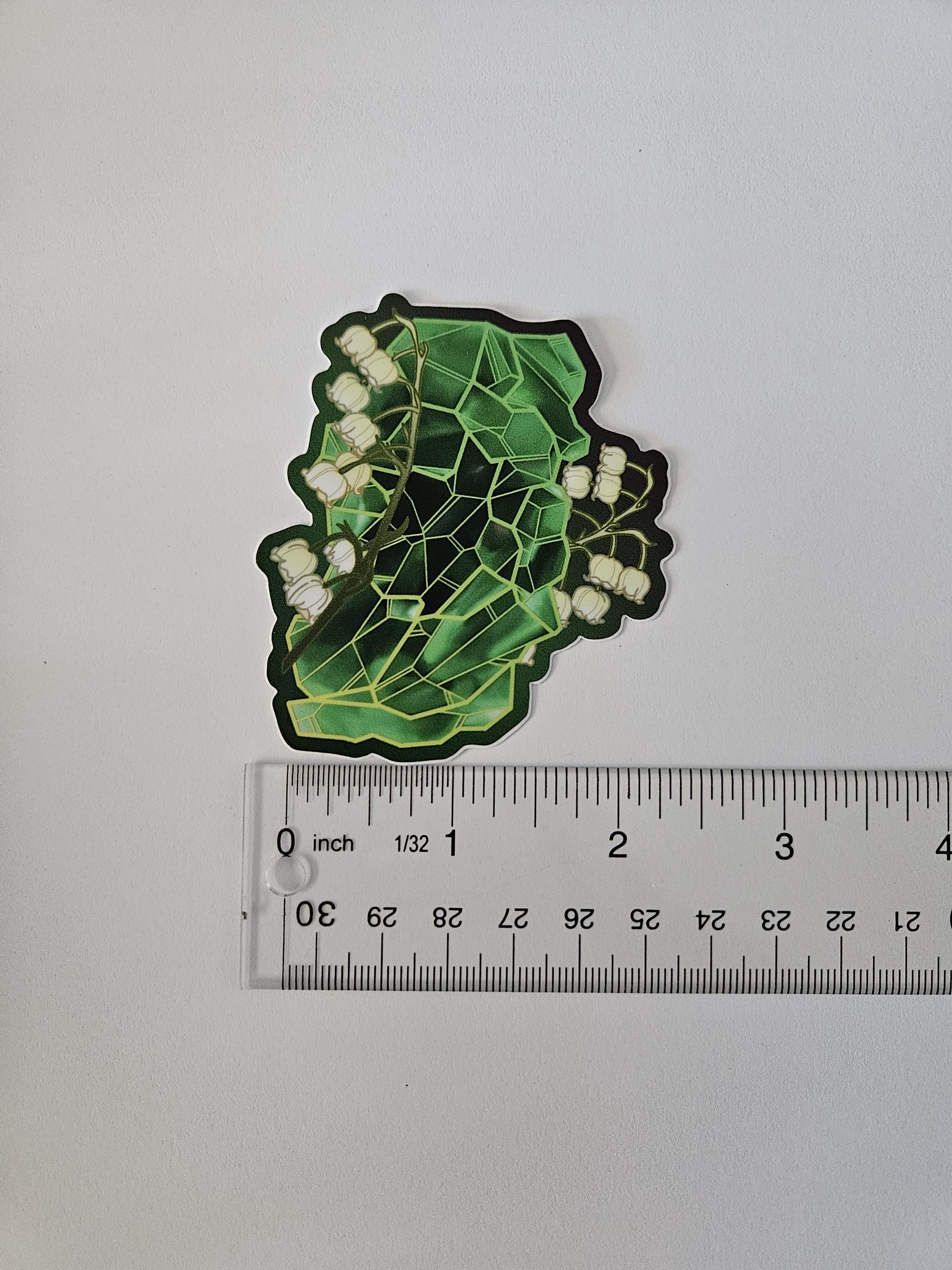 MATTE STICKER: May Emerald Crystal with Lily of the Valley , Green Emerald Crystal Sticker , Green Crystal Sticker , Green Crystal Acornandcrowstudio
