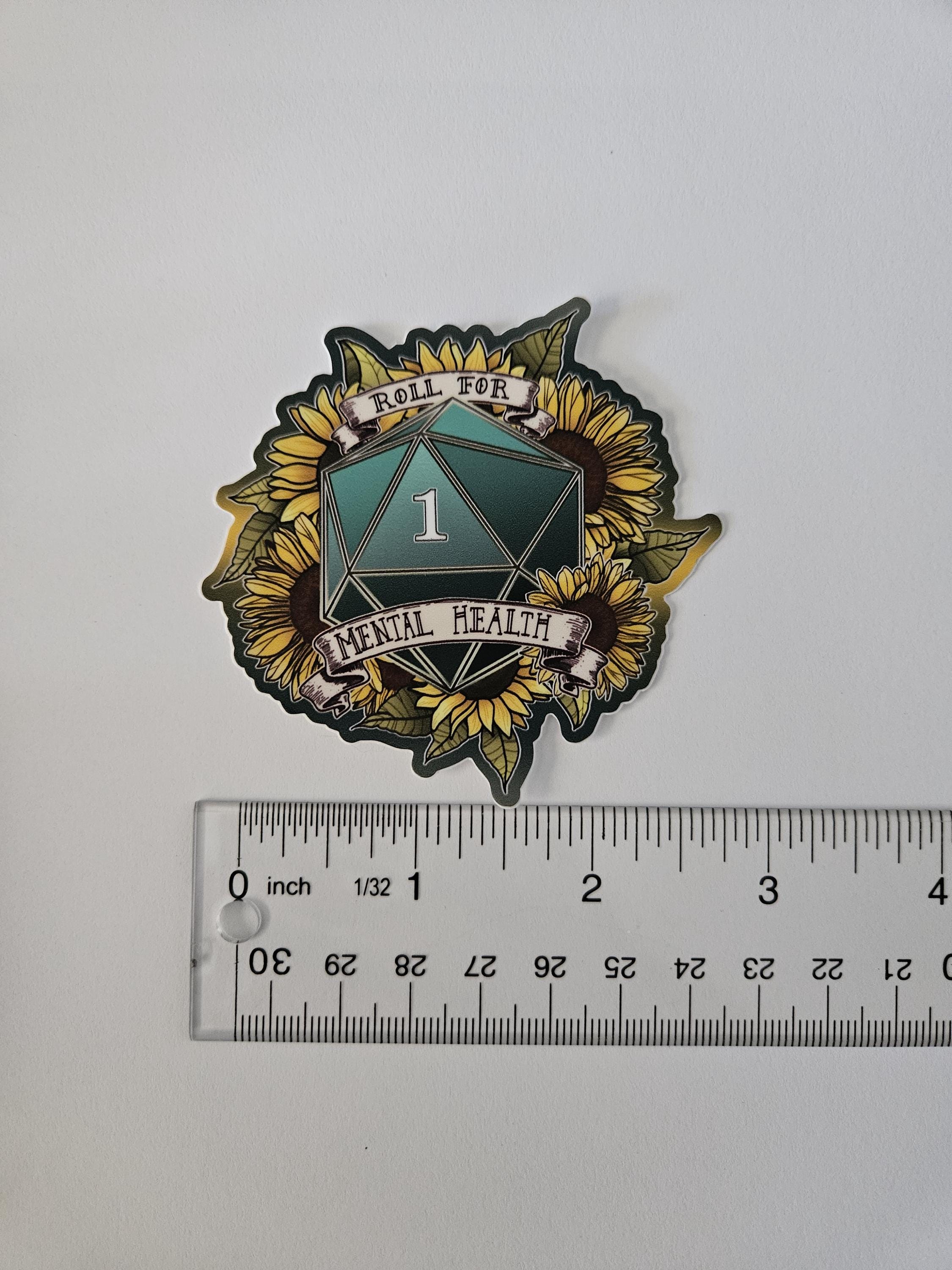 MATTE STICKER: D20 Roll for Mental Health Natural One , Floral D20 Sticker , Floral D20 Stickers, D20 Sticker , D20 Natural One Sticker Acornandcrowstudio