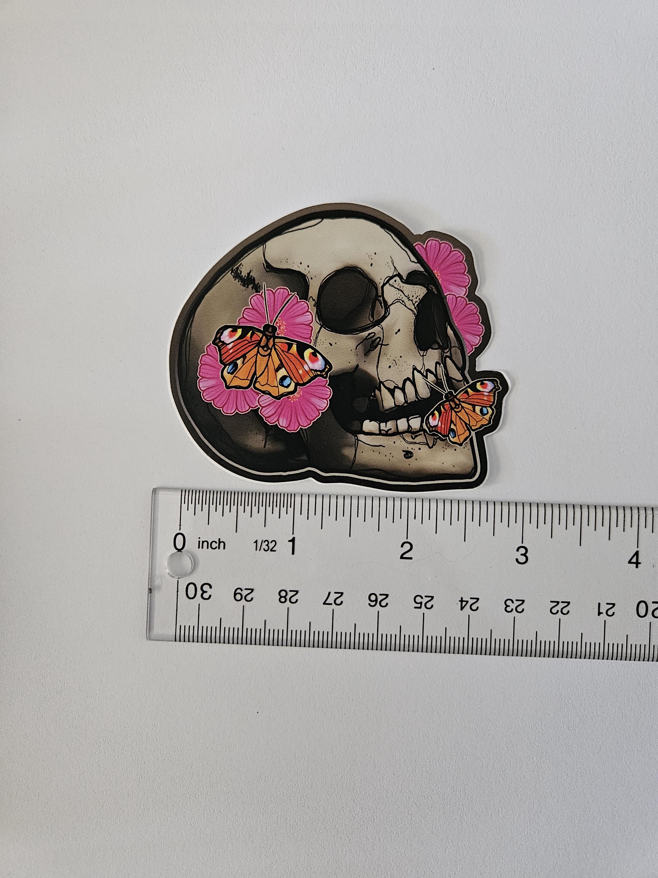 MATTE STICKER: Flourish Skull with Zinnia and Peacock Butterflies , Skull Sticker , Sketchy Skull Art , Floral Skull Sticker