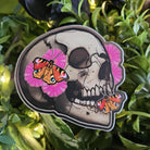 MATTE STICKER: Flourish Skull with Zinnia and Peacock Butterflies , Skull Sticker , Sketchy Skull Art , Floral Skull Sticker Acornandcrowstudio