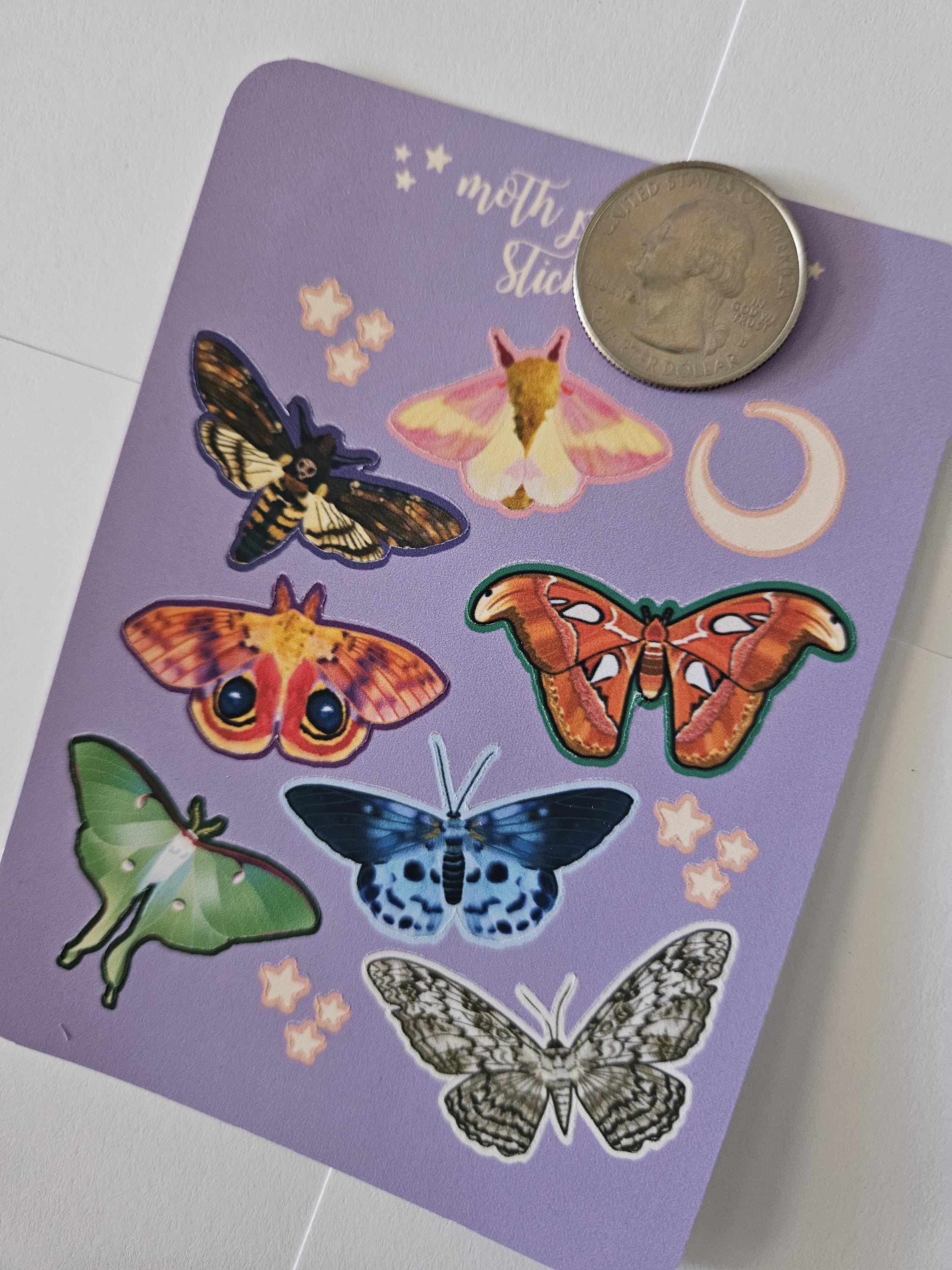 PLANNER STICKER SHEET : Moths Moon and Stars , Planner Stickers , Paper Planner Stickers , Moth Journal Stickers , Journaling Stickers