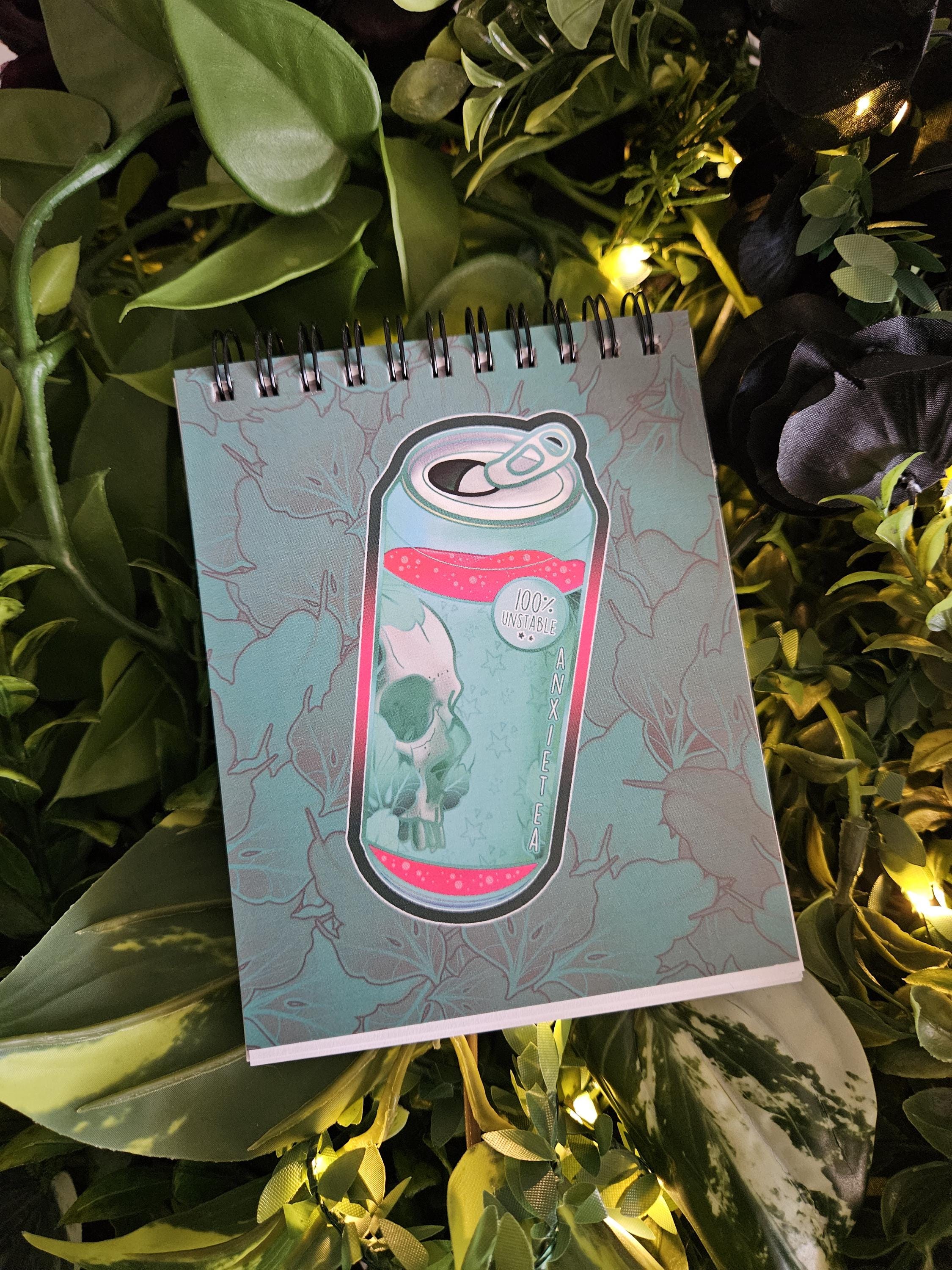 4x5 TOP BOUND Handmade Spiral NOTEBOOK: AnxieTEA Teal 'Tea' Can