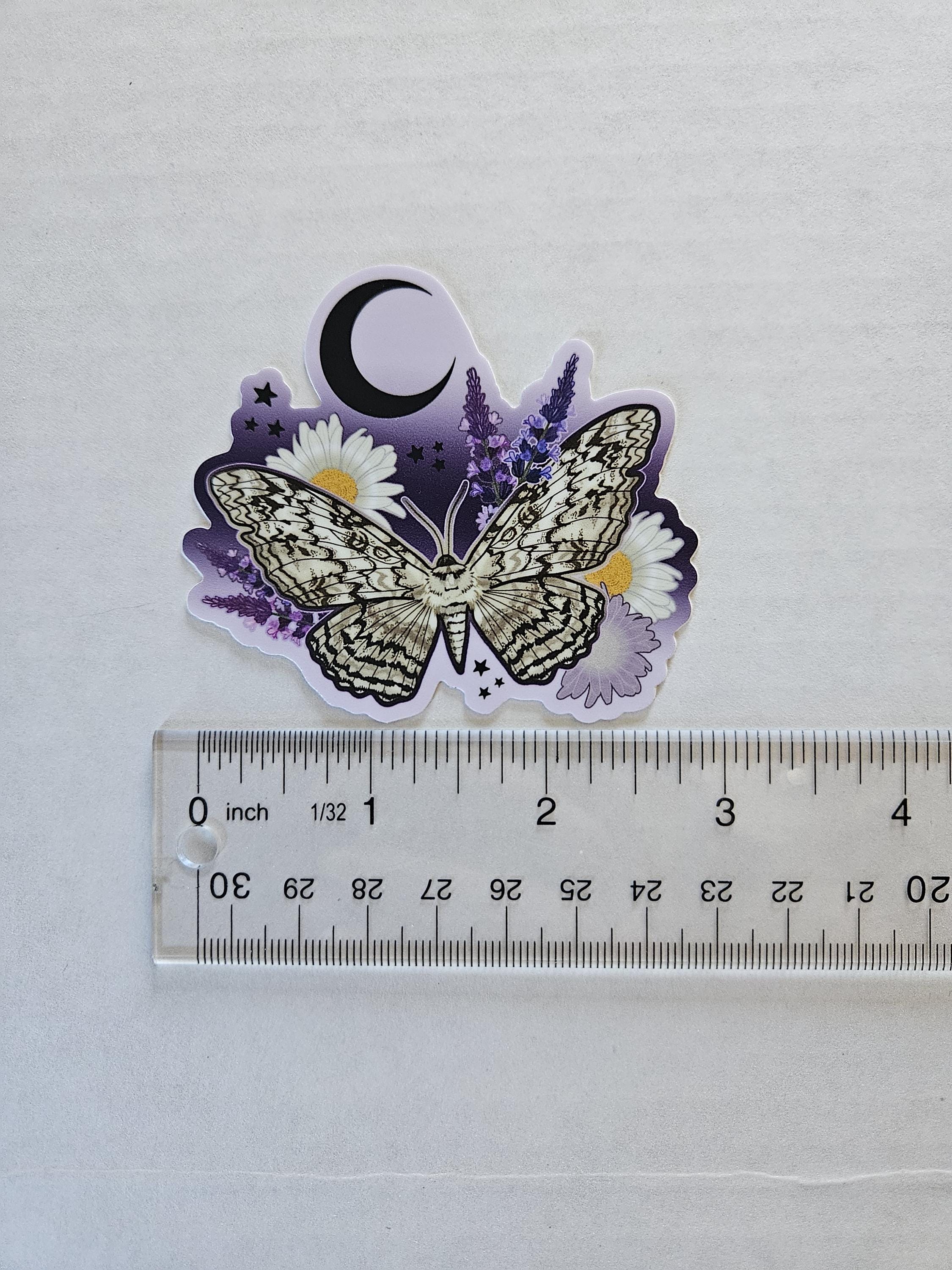 MATTE STICKER: White Witch Moth with Daisies and Lavender Acornandcrowstudio