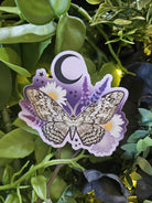 MATTE STICKER: White Witch Moth with Daisies and Lavender Acornandcrowstudio