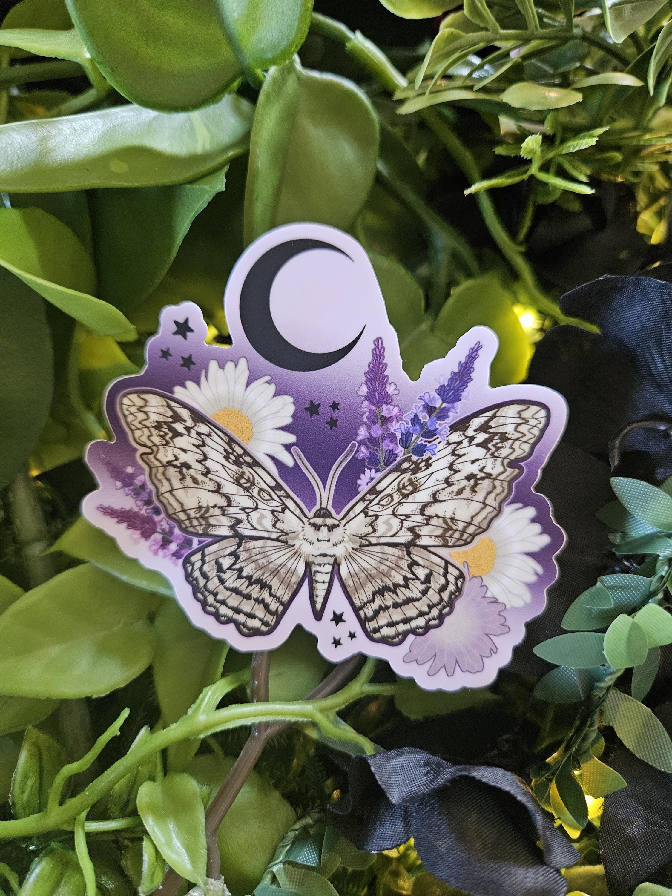 MATTE STICKER: White Witch Moth with Daisies and Lavender Acornandcrowstudio