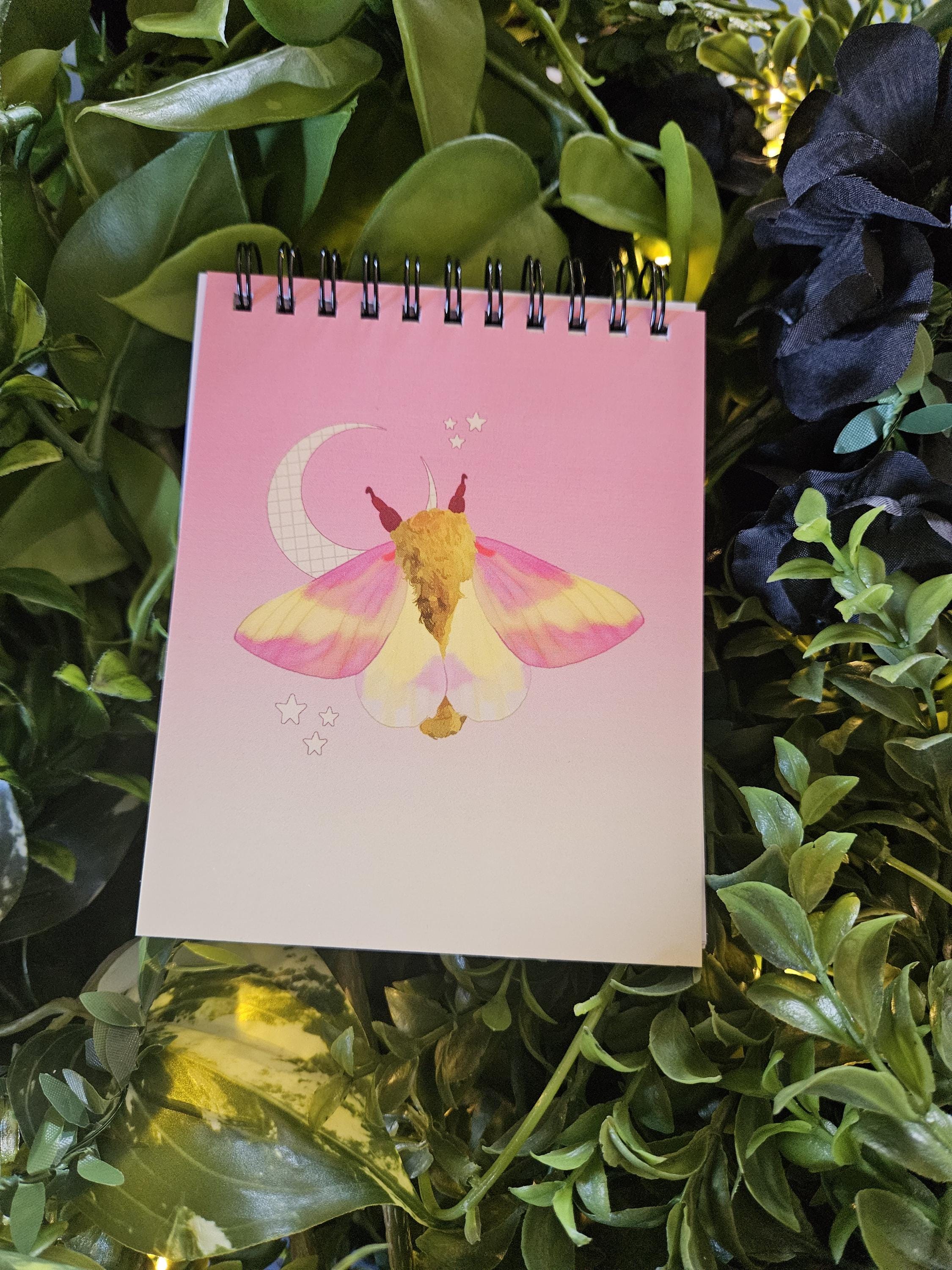 4x5 inches HANDMADE Top Bound SPIRAL NOTEBOOK: Rosy Maple Moth Acornandcrowstudio