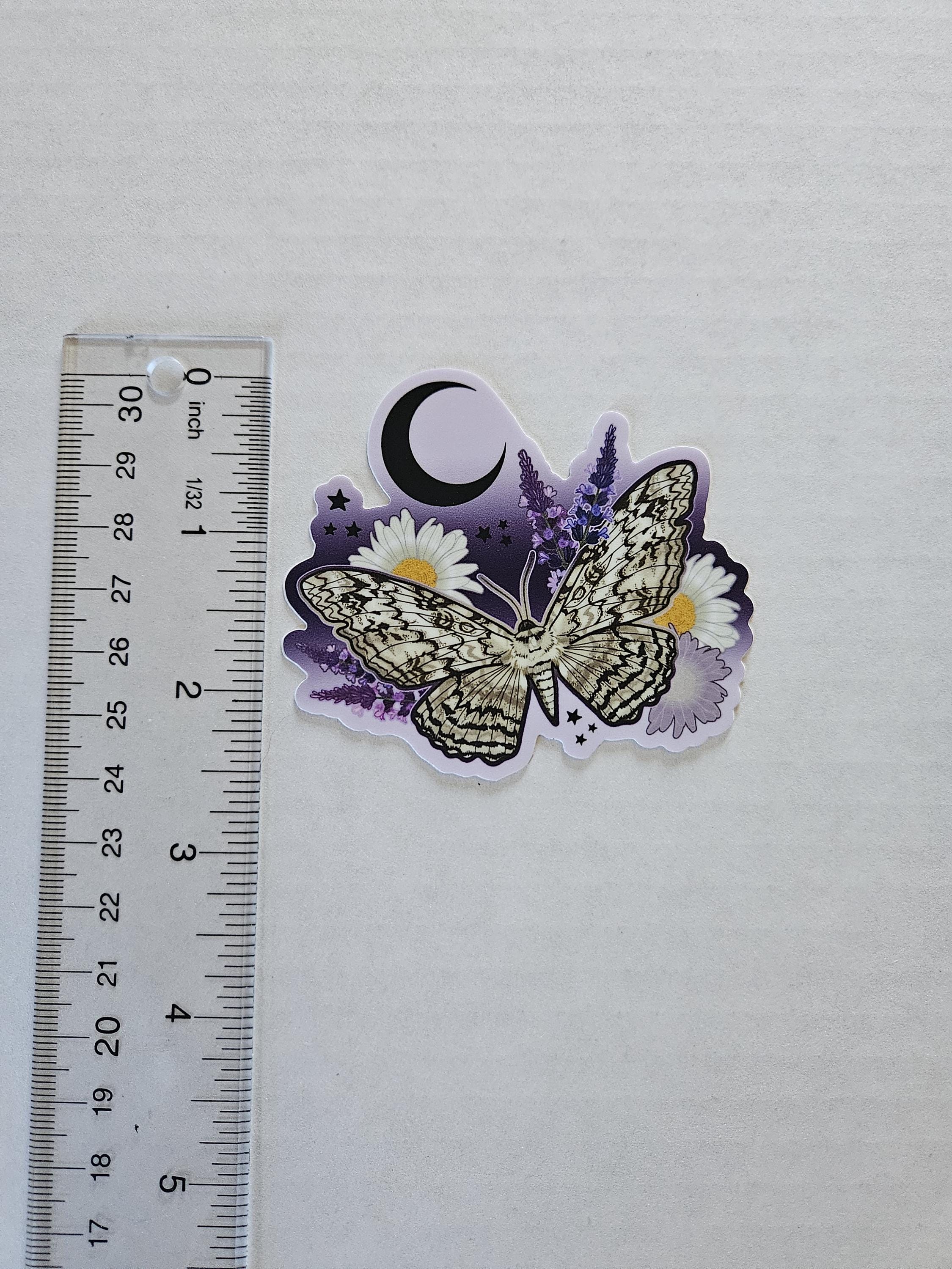 MATTE STICKER: White Witch Moth with Daisies and Lavender