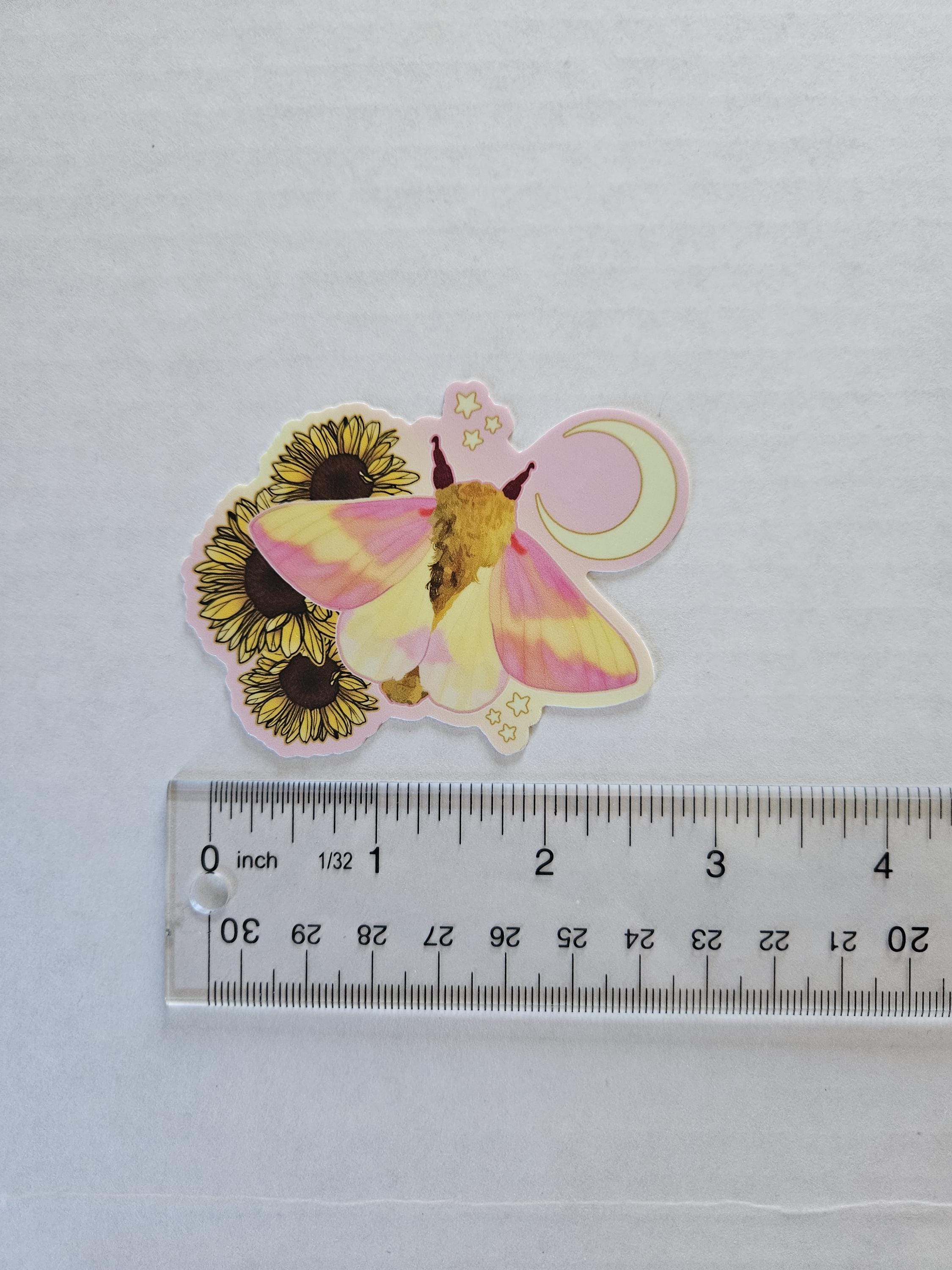MATTE STICKER: Rosy Maple Moth and Sunflowers