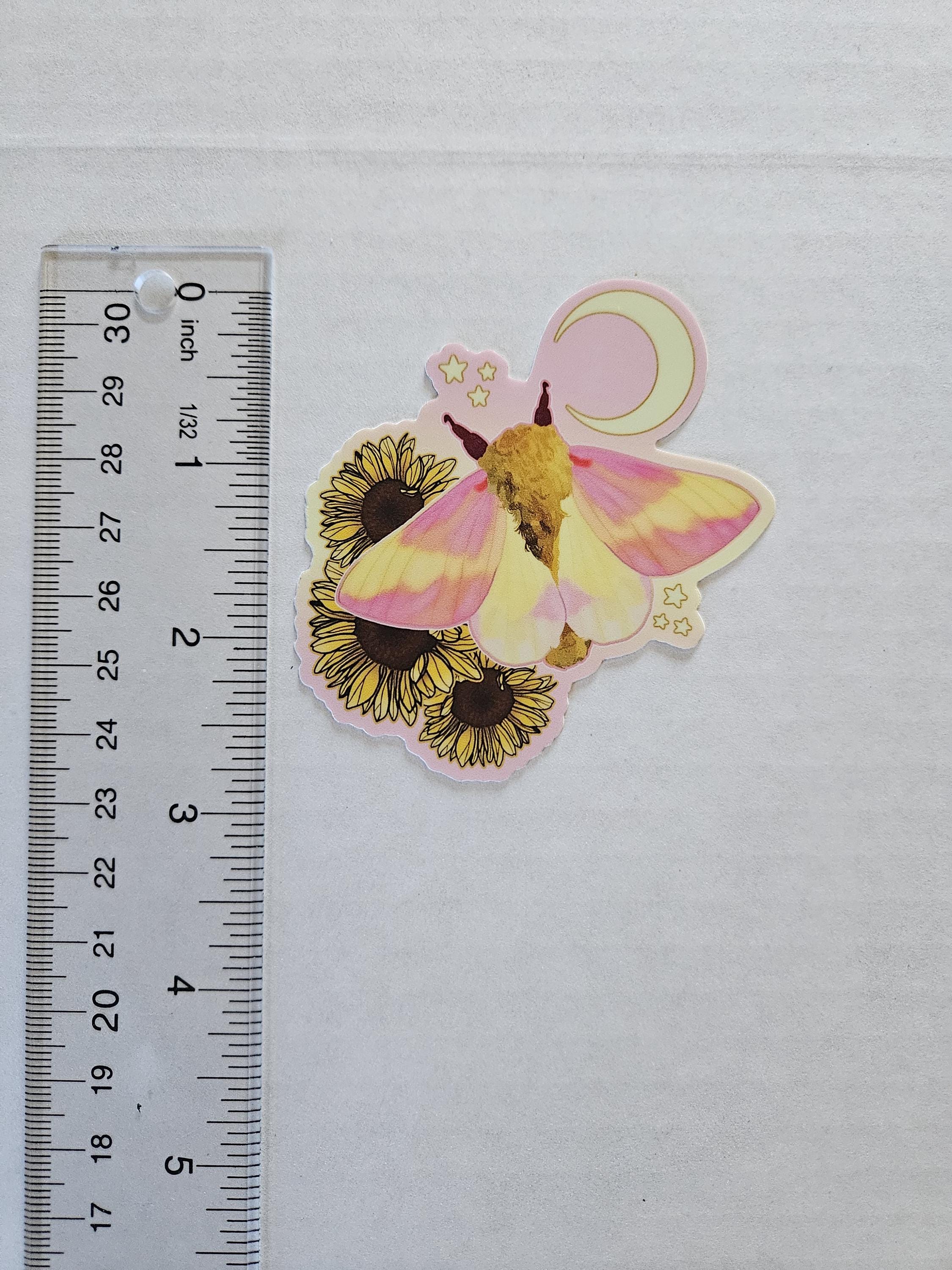 MATTE STICKER: Rosy Maple Moth and Sunflowers