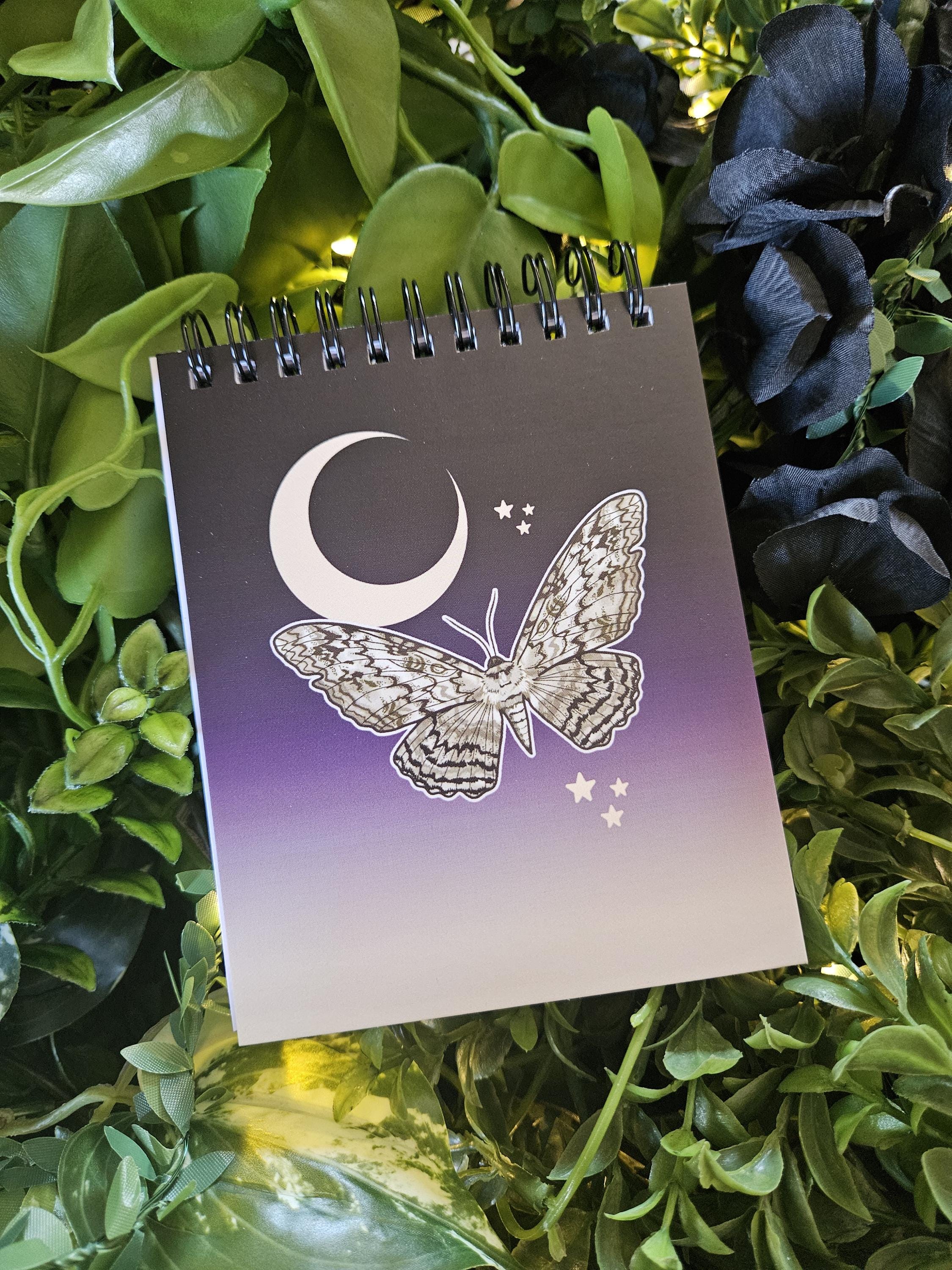 4x5 inches HANDMADE Top Bound SPIRAL NOTEBOOK: White Witch Moth Acornandcrowstudio