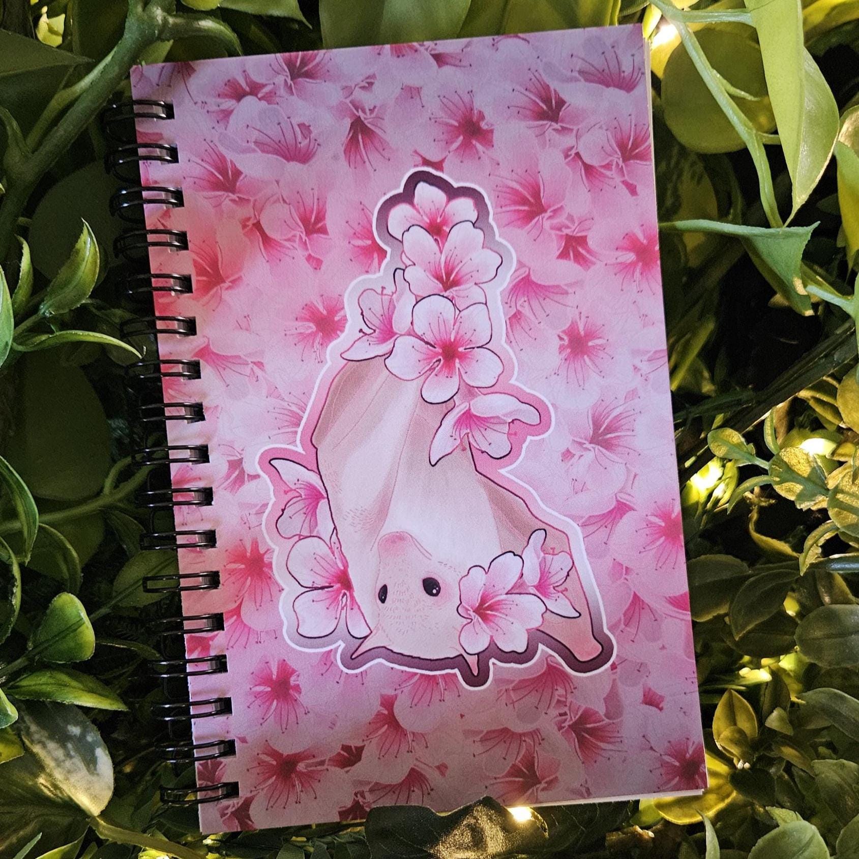 4x6 HANDMADE SPIRAL NOTEBOOK: Pastel Fruit Bat with Sakura Flowers