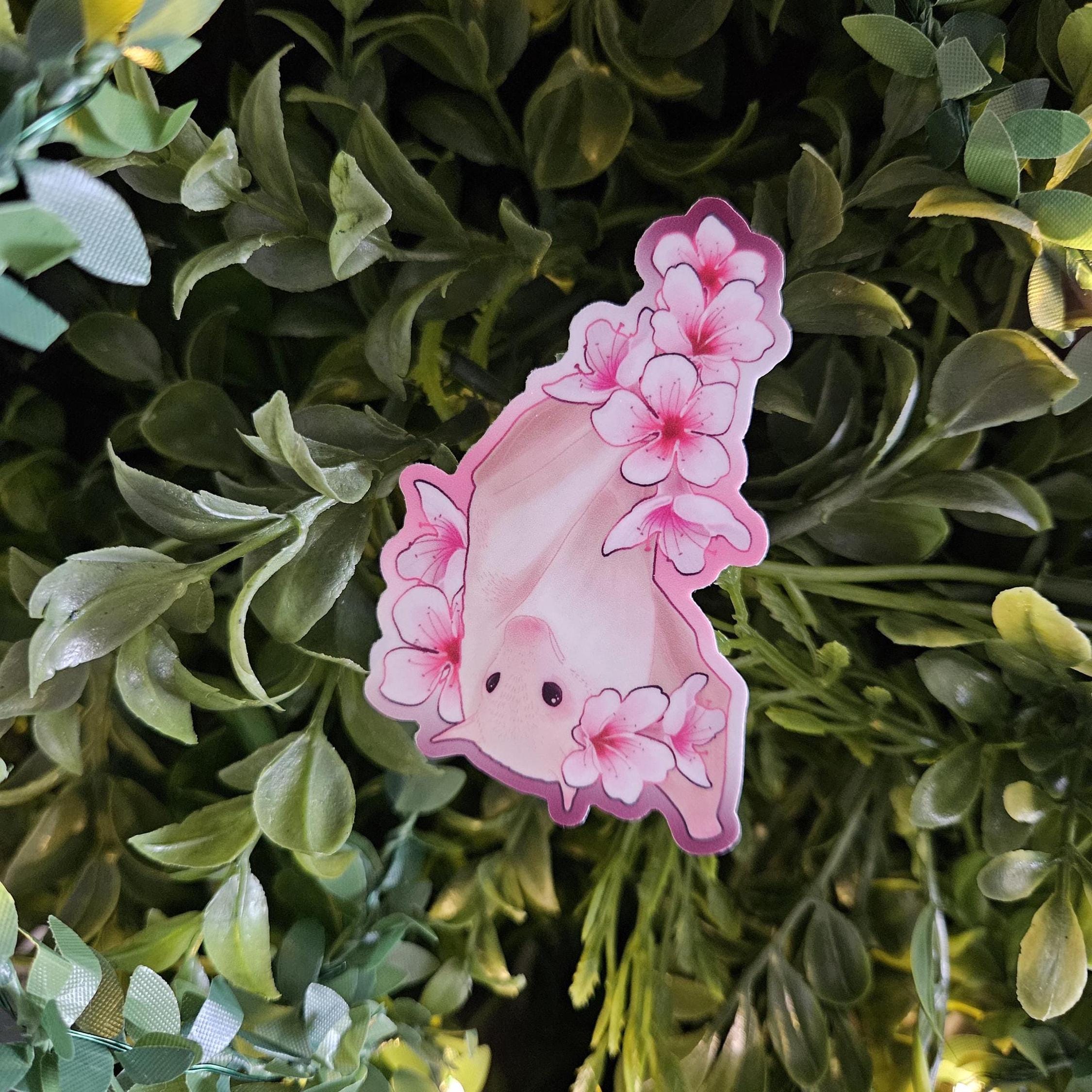 MATTE STICKER: Sakura Bat , Pink Cherry Blossom and Bat Sticker , Blossoms and Bat Sticker , Sakura Blossom and Bat