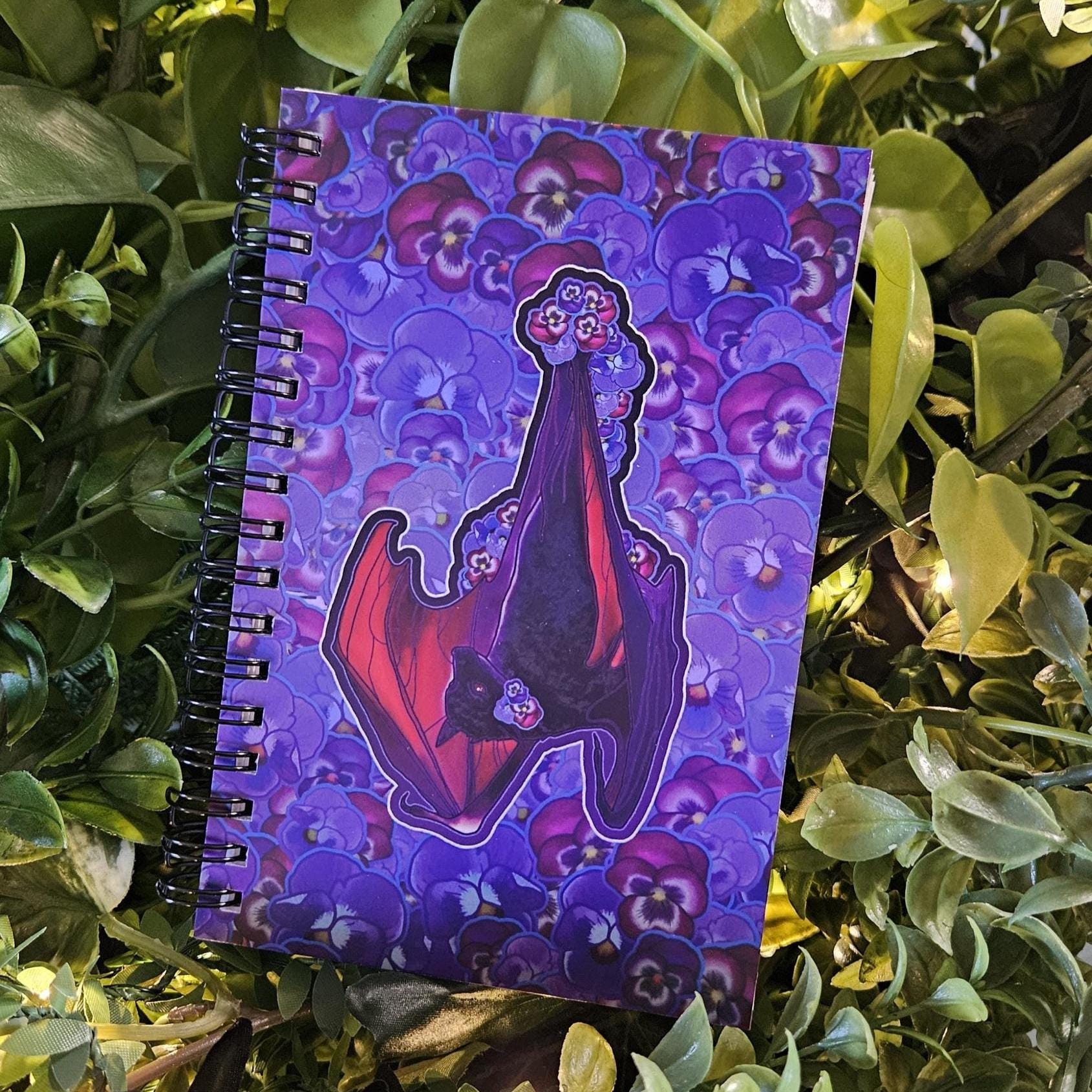 4x6 HANDMADE SPIRAL NOTEBOOK: Pansy Bat with Peony Flowers Acornandcrowstudio