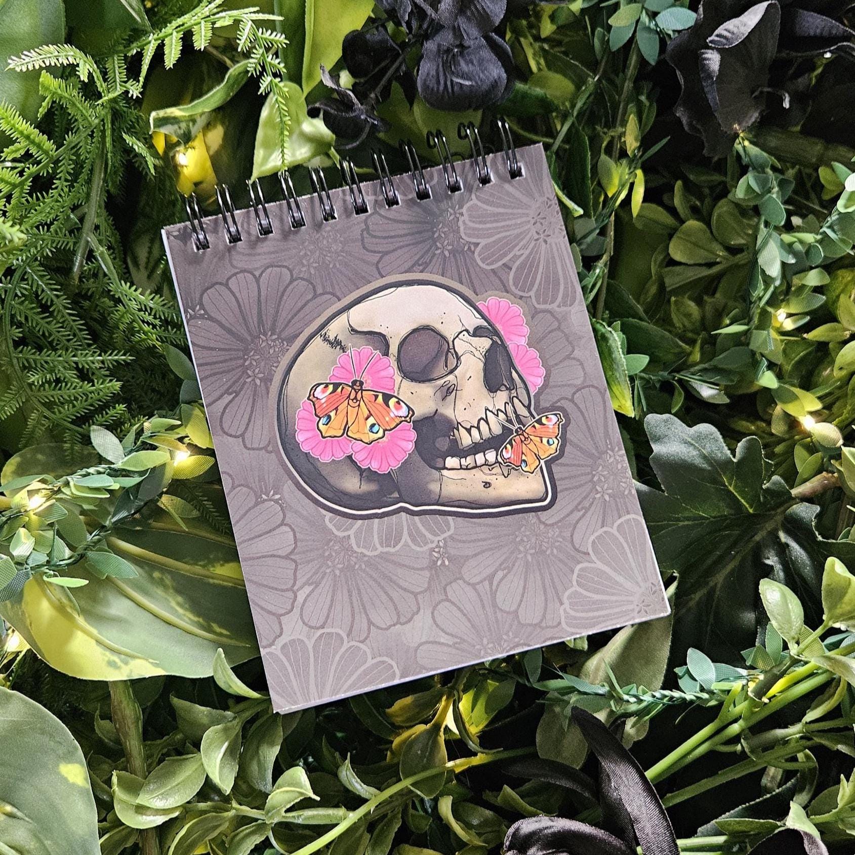 4x5 inches HANDMADE Top Bound SPIRAL NOTEBOOK: Flourish Skull with Zinnia Flowers Acornandcrowstudio