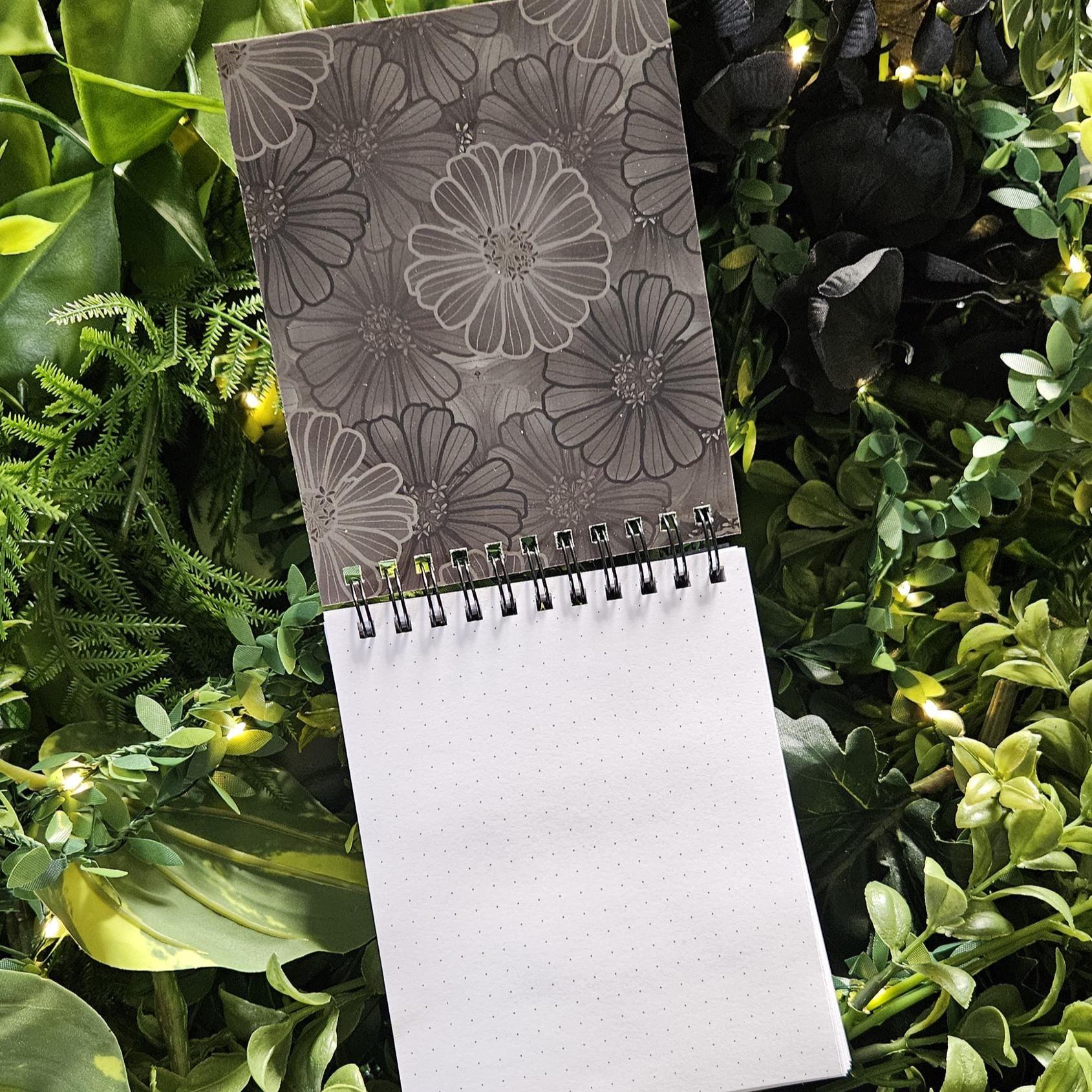 4x5 inches HANDMADE Top Bound SPIRAL NOTEBOOK: Flourish Skull with Zinnia Flowers Acornandcrowstudio