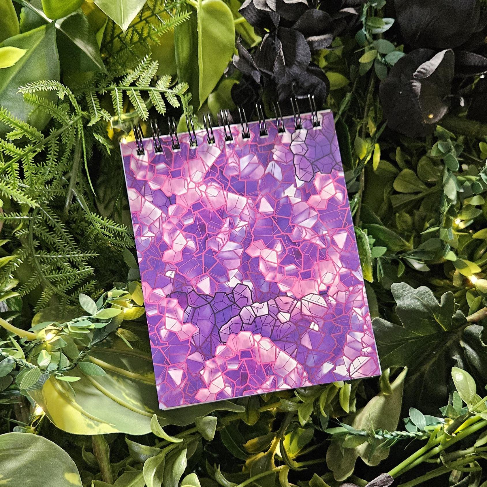 4x5 inches HANDMADE Top Bound SPIRAL NOTEBOOK: Amethyst Crystal with Violets Acornandcrowstudio