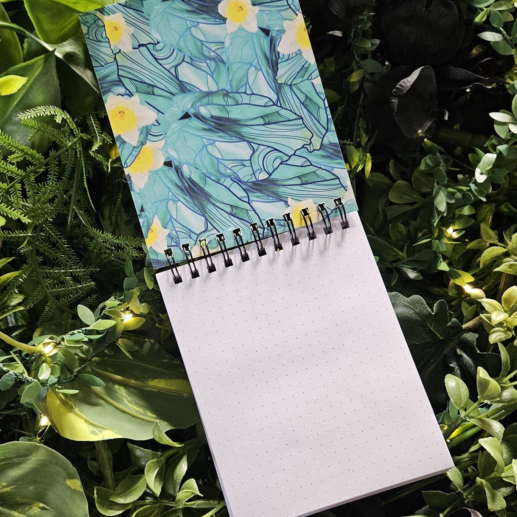 4x5 inches HANDMADE Top Bound SPIRAL NOTEBOOK: Aquamarine with Daffodils Acornandcrowstudio