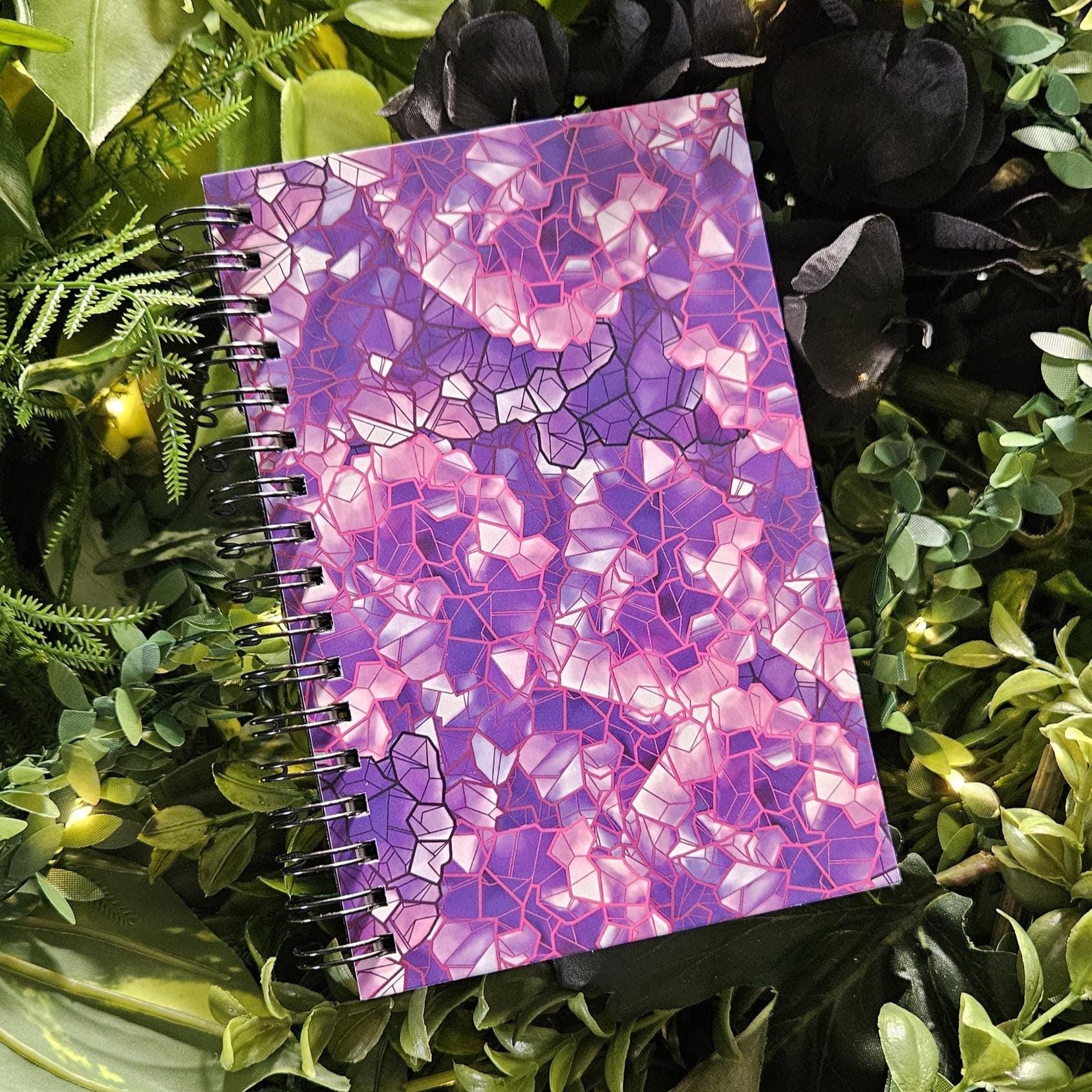 4x6 inches HANDMADE SPIRAL NOTEBOOK: Amethyst Crystal with Violets Acornandcrowstudio