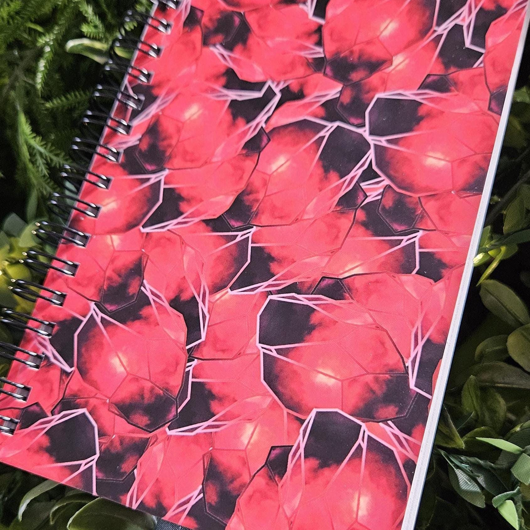 4x6 inches HANDMADE SPIRAL NOTEBOOK: Garnet Crystal with Carnations Acornandcrowstudio