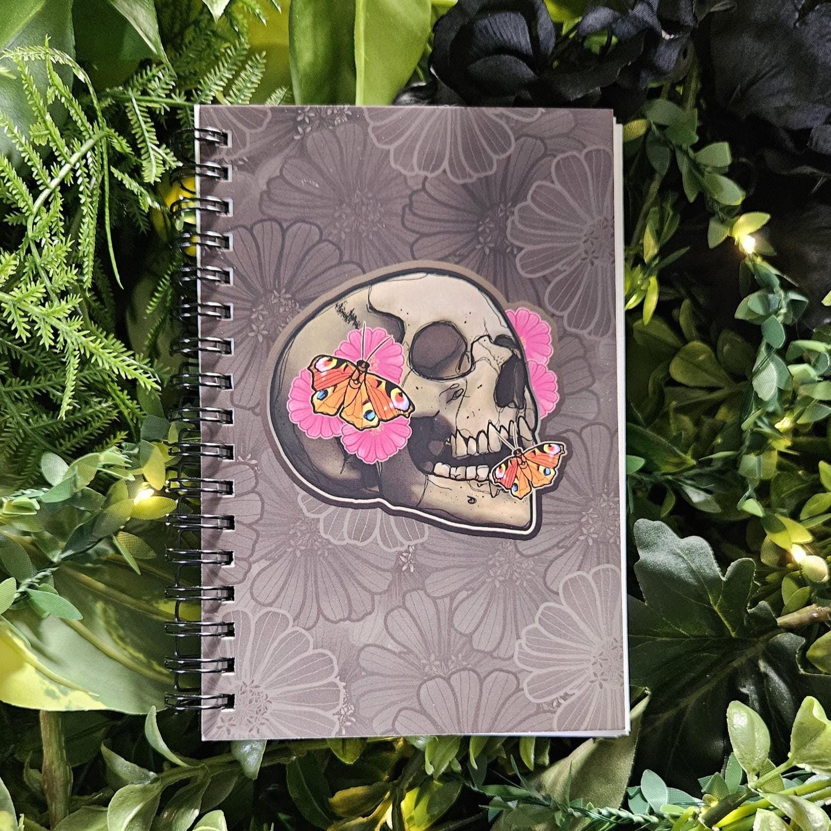 4x6 inches HANDMADE SPIRAL NOTEBOOK: Flourish Skull with Zinnia Flowers Acornandcrowstudio