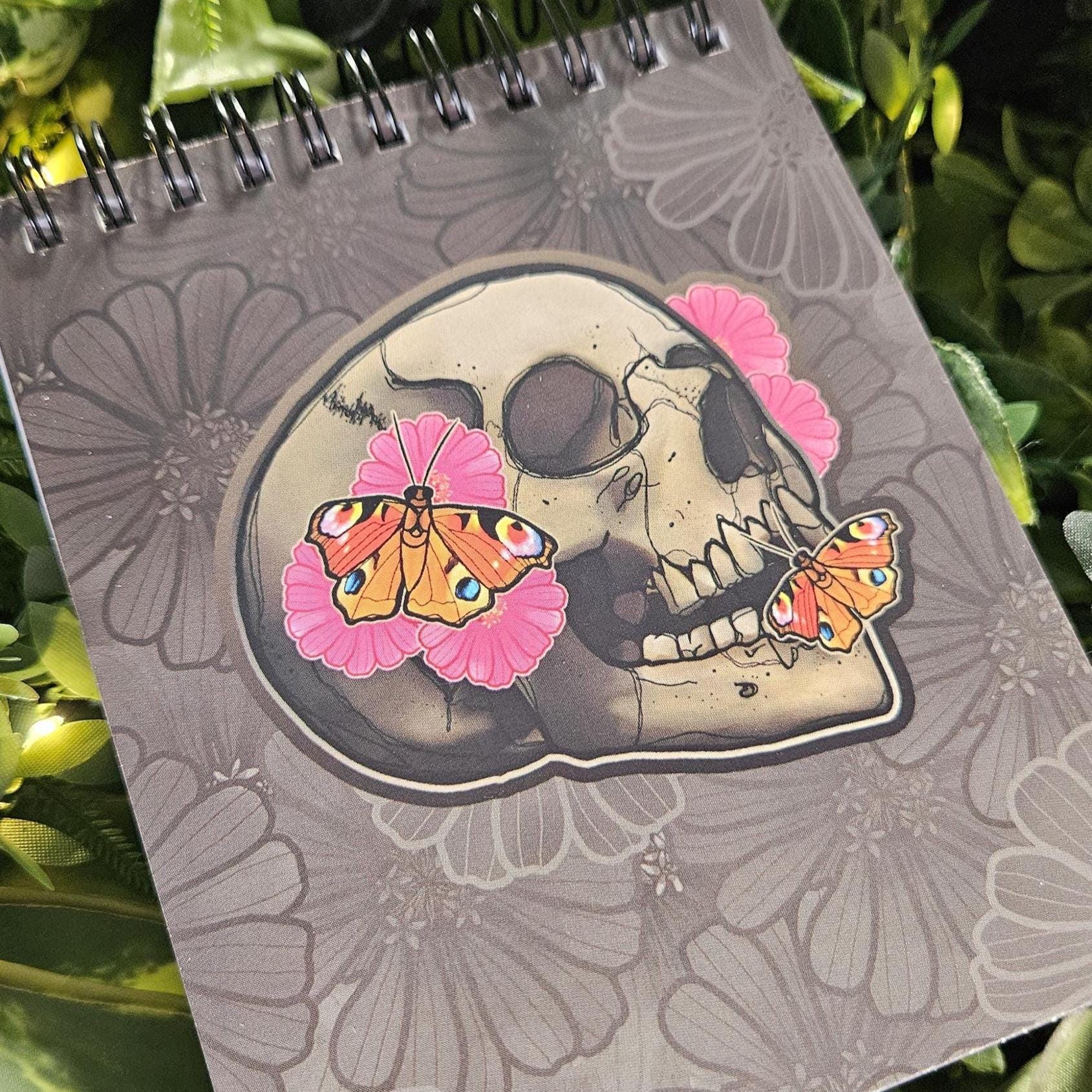 4x5 inches HANDMADE Top Bound SPIRAL NOTEBOOK: Flourish Skull with Zinnia Flowers Acornandcrowstudio