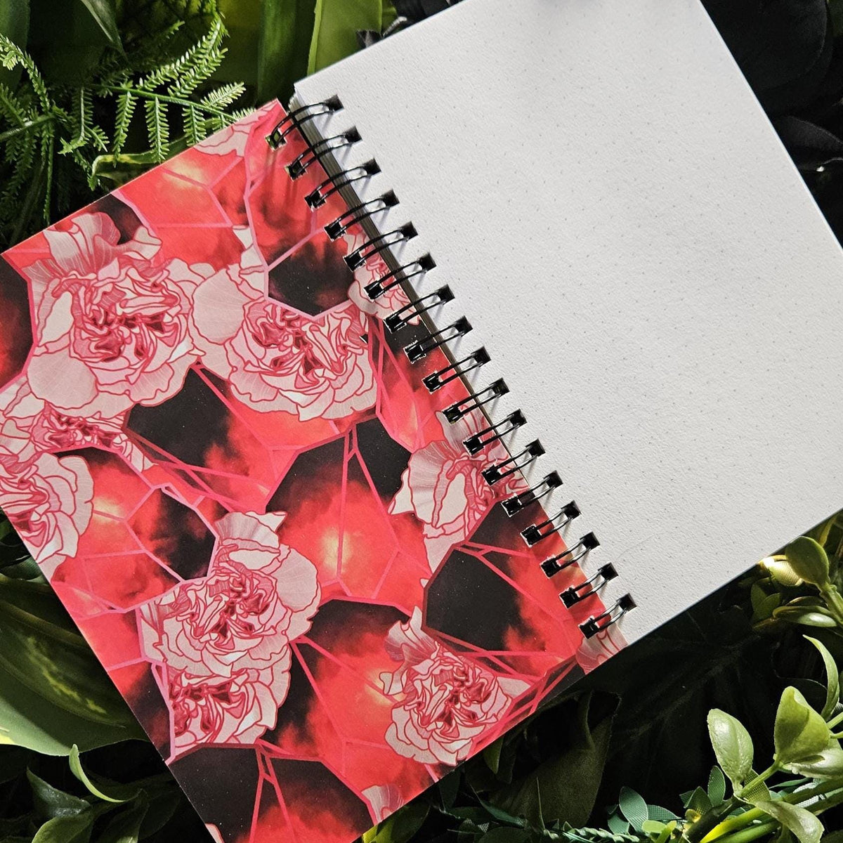 4x6 inches HANDMADE SPIRAL NOTEBOOK: Garnet Crystal with Carnations Acornandcrowstudio