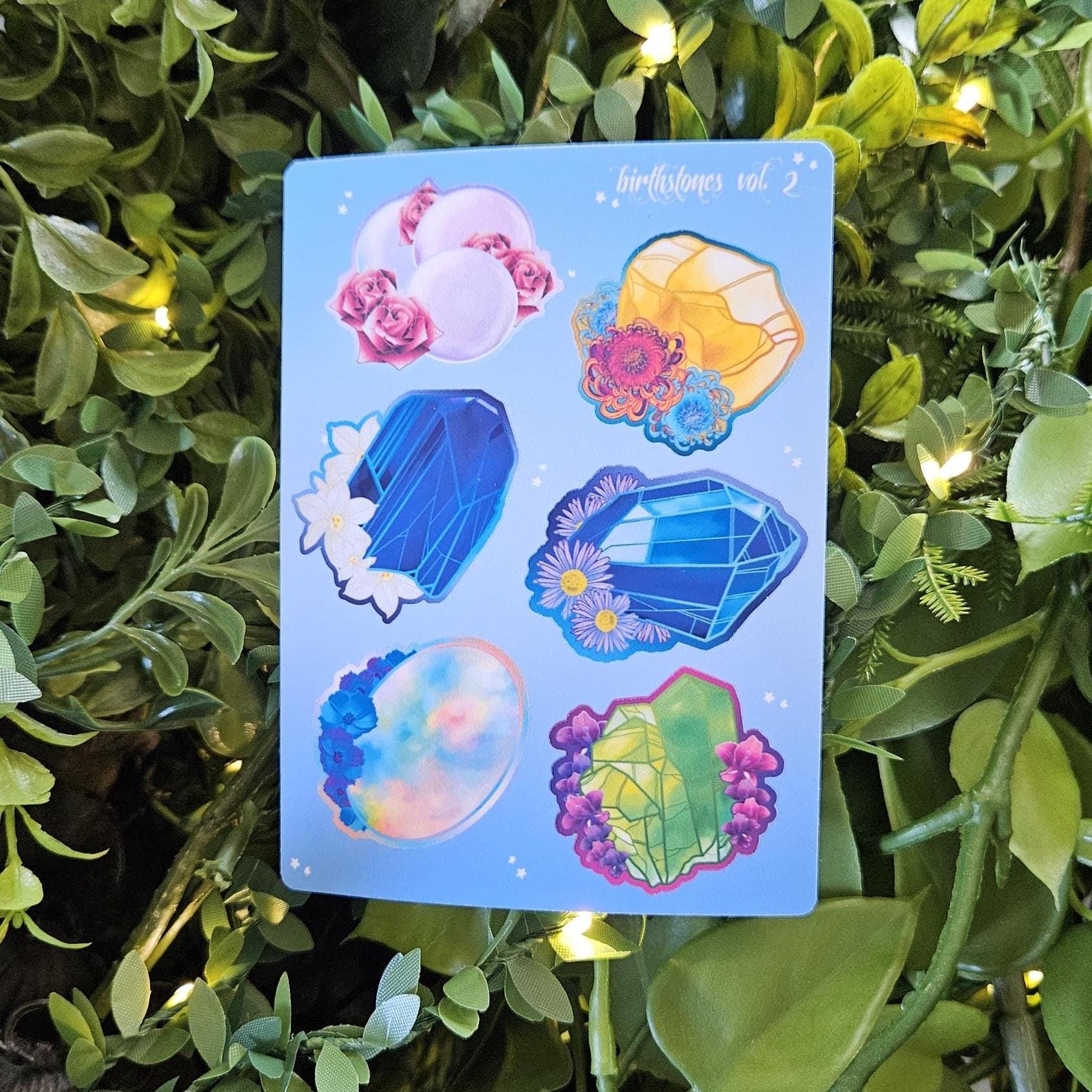 PLANNER STICKER SHEET : Birthstone Crystals Part 2 - Pearl, Topaz, Tanzanite, Sapphire, Opal, Peridot Acornandcrowstudio