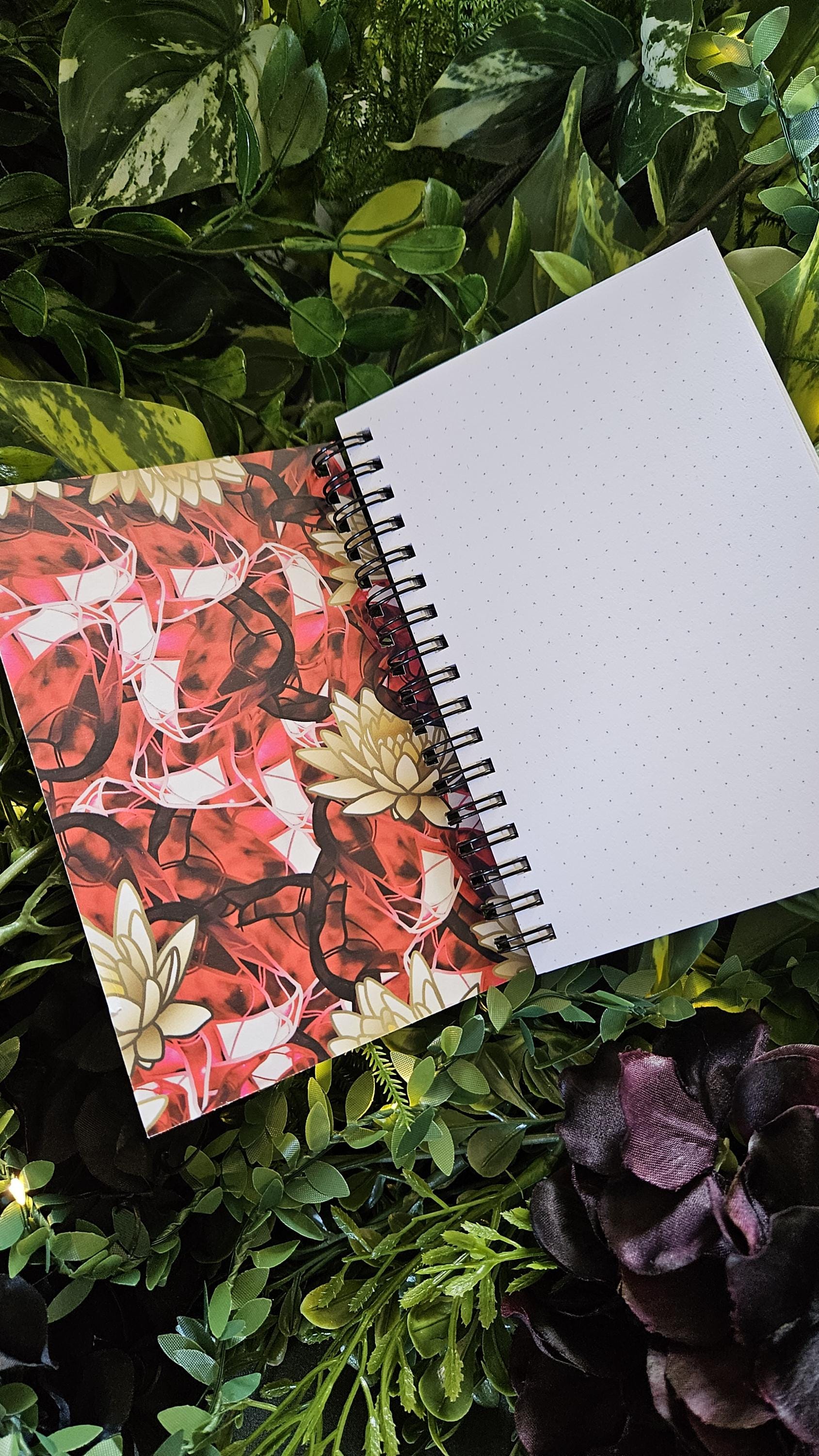 4x6 inches HANDMADE SPIRAL NOTEBOOK: Ruby with Water Lily Acornandcrowstudio