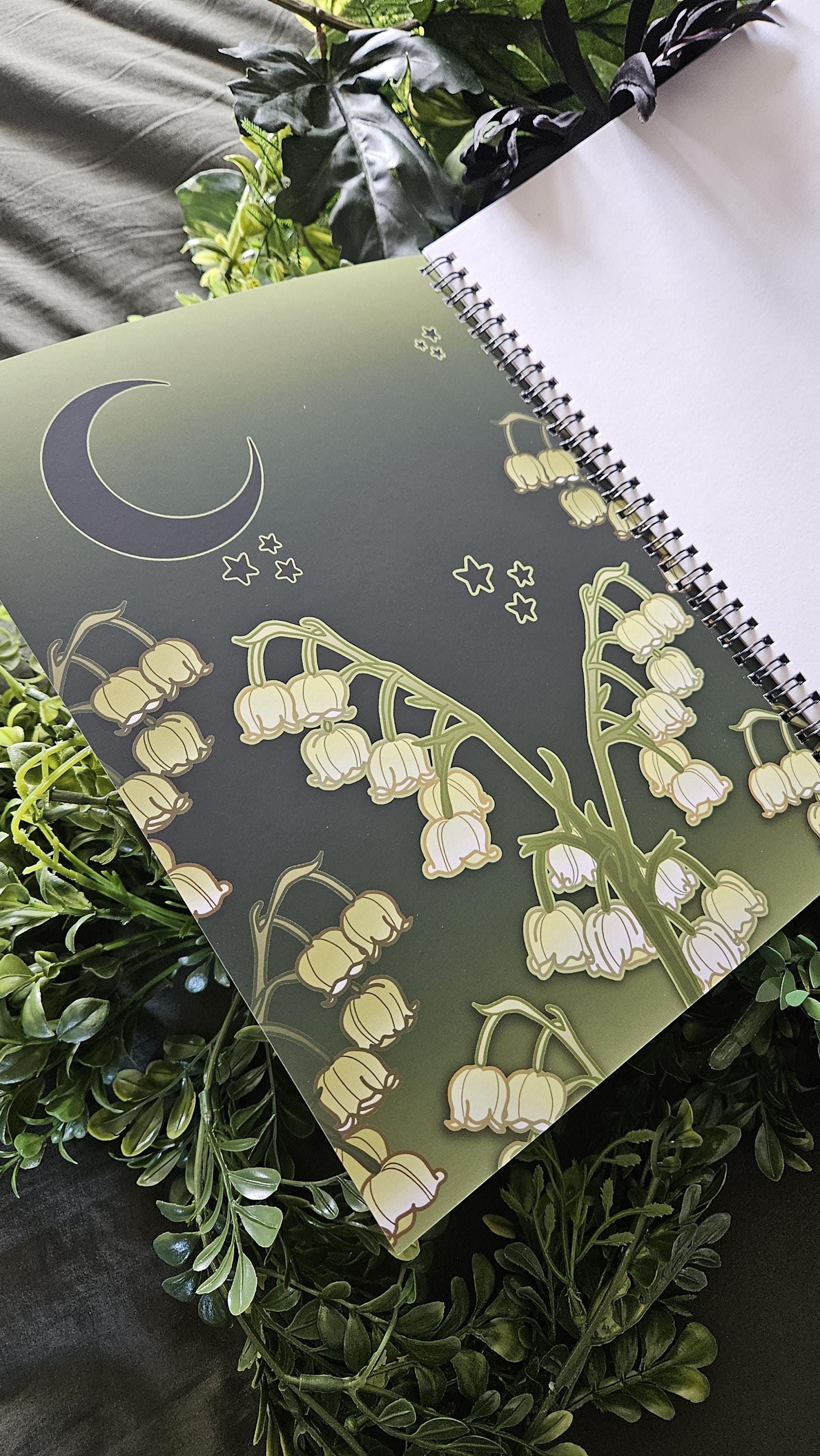 8.5 x 11 HANDMADE SPIRAL NOTEBOOK: Luna Moth and Lily of the Valley Acornandcrowstudio