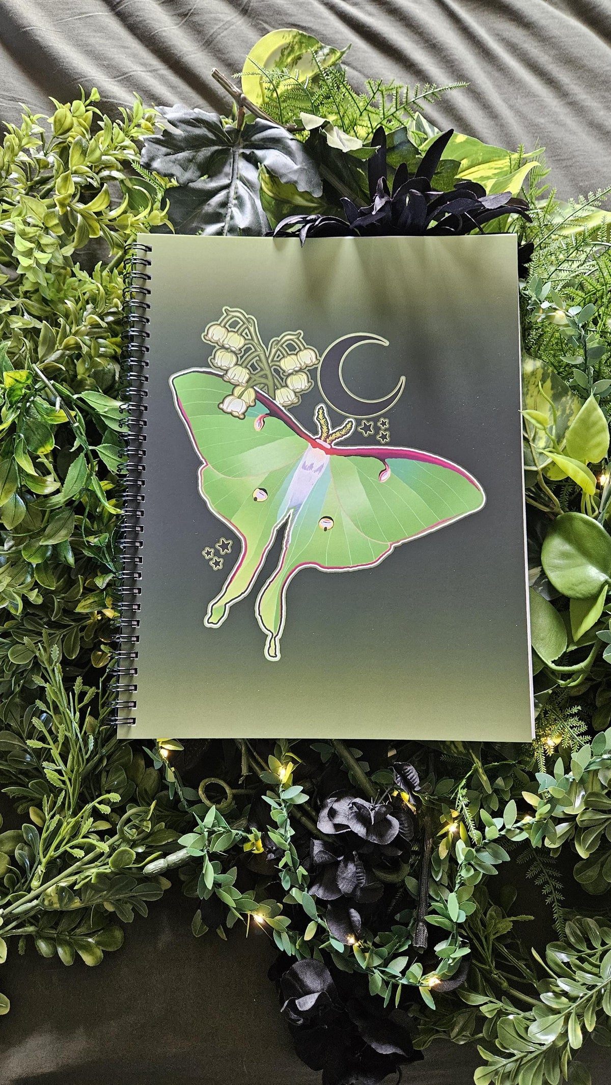 8.5 x 11 HANDMADE SPIRAL NOTEBOOK: Luna Moth and Lily of the Valley Acornandcrowstudio