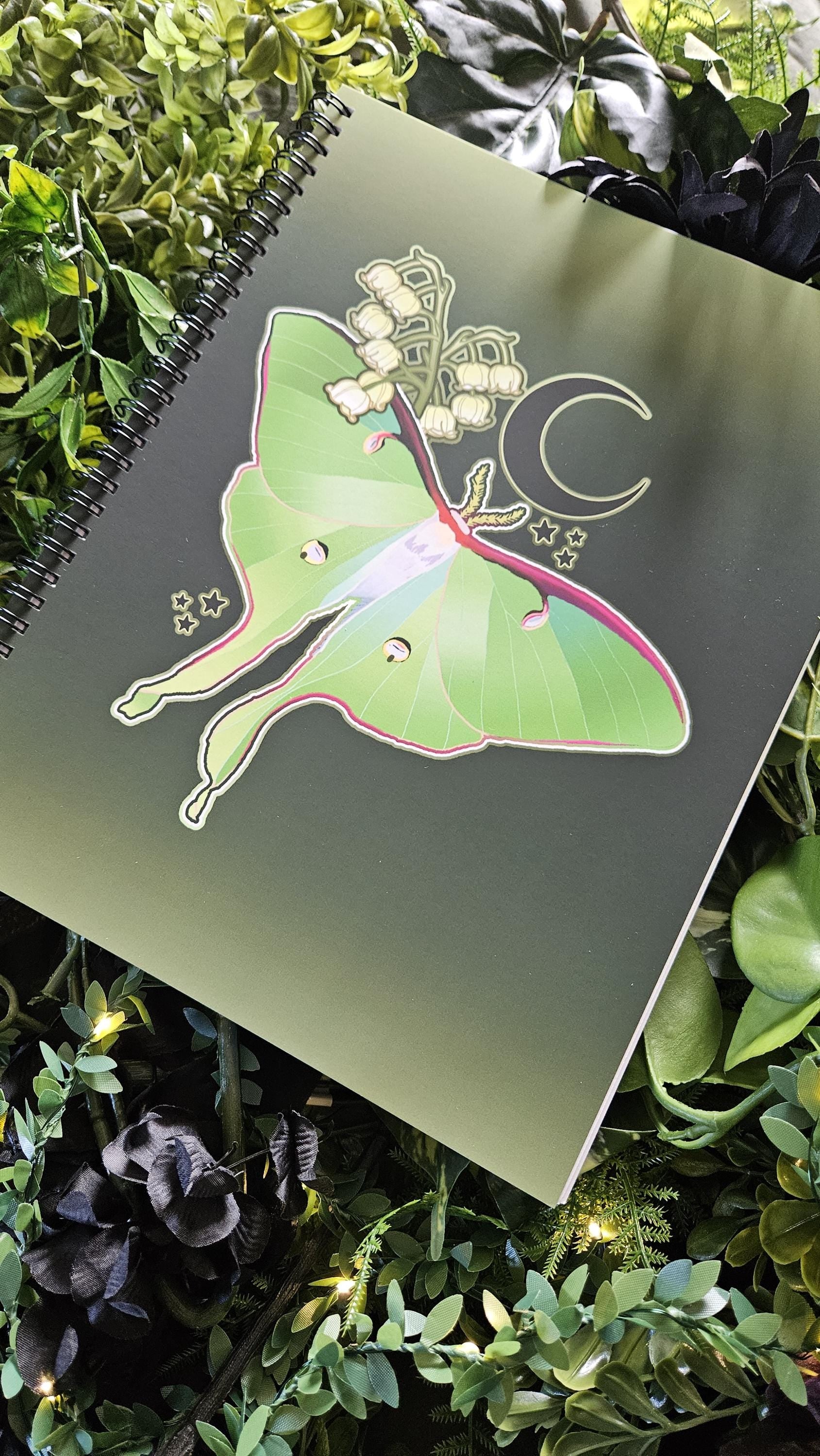 8.5 x 11 HANDMADE SPIRAL NOTEBOOK: Luna Moth and Lily of the Valley Acornandcrowstudio