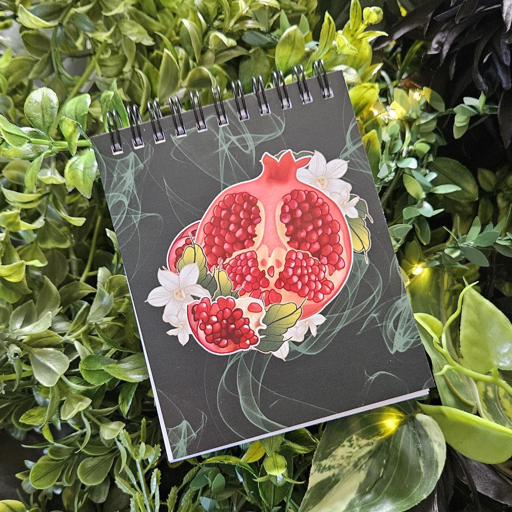 4x5 Top Bound HANDMADE SPIRAL NOTEBOOK: Pomegranate and Narcissus Flowers Acornandcrowstudio