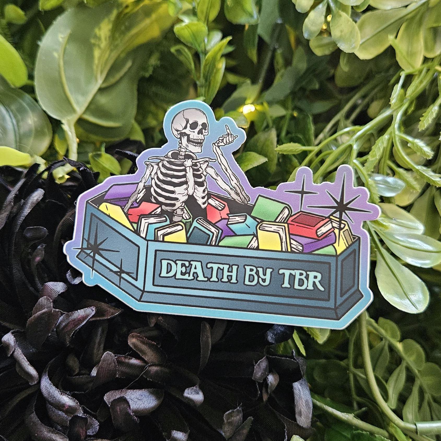 MATTE STICKER: Death by TBR Skeleton Coffin Acornandcrowstudio