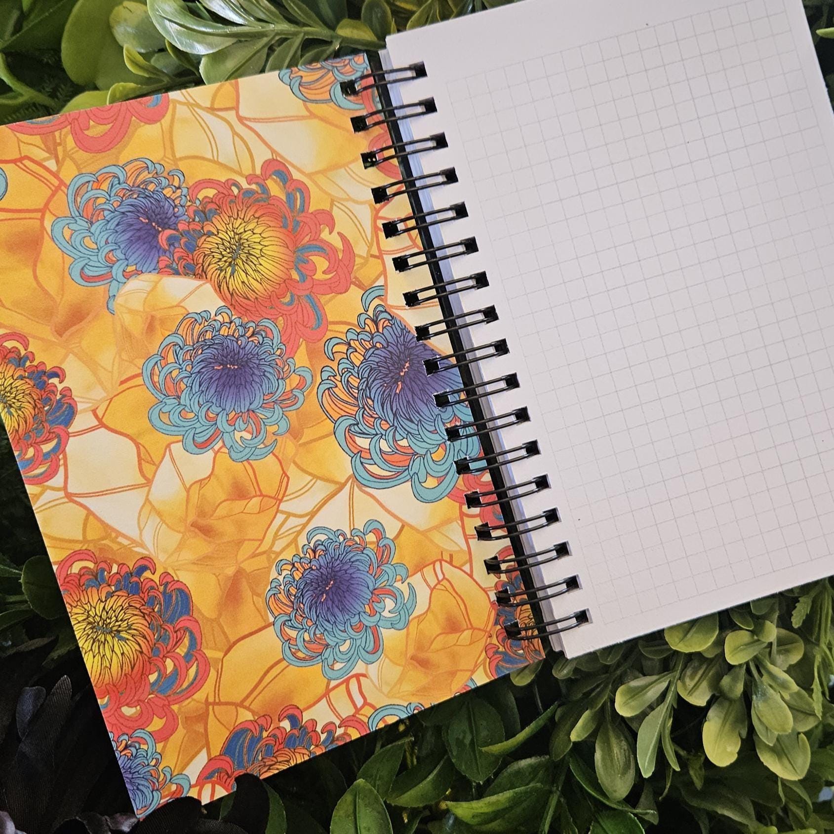 4x6 inches HANDMADE SPIRAL NOTEBOOK: Topaz with Chrysanthemum Flowers Acornandcrowstudio