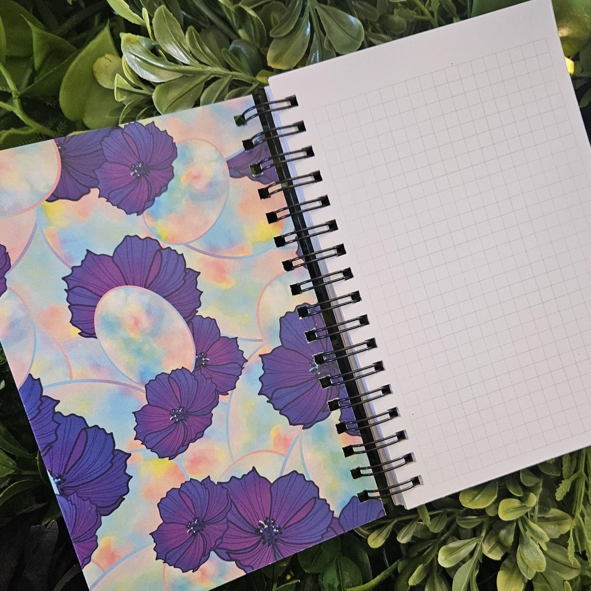 4x6 inches HANDMADE SPIRAL NOTEBOOK: Opal with Cosmos Flowers Acornandcrowstudio